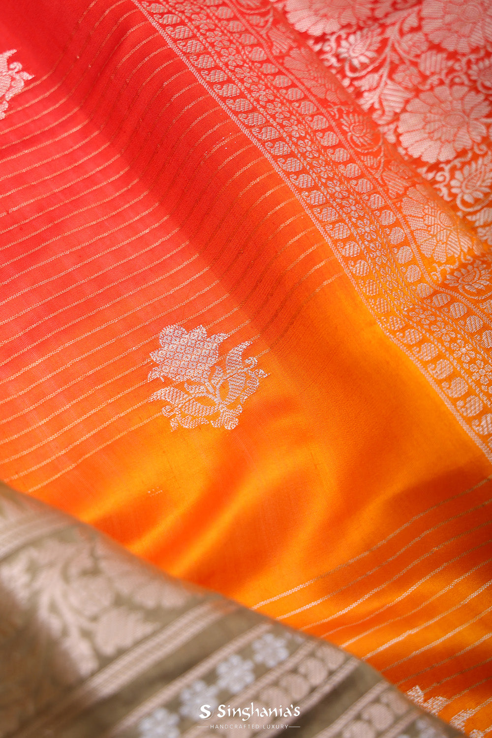 Red-Orange Ombre Banarasi Silk Saree With Floral Motifs