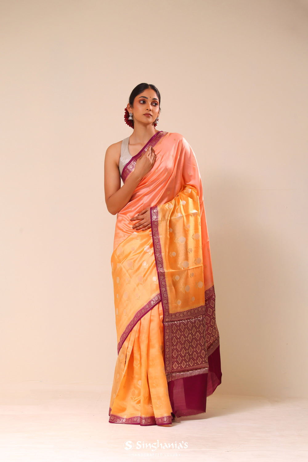 Orange Peach Ombre Chiniya Banarasi Silk Saree