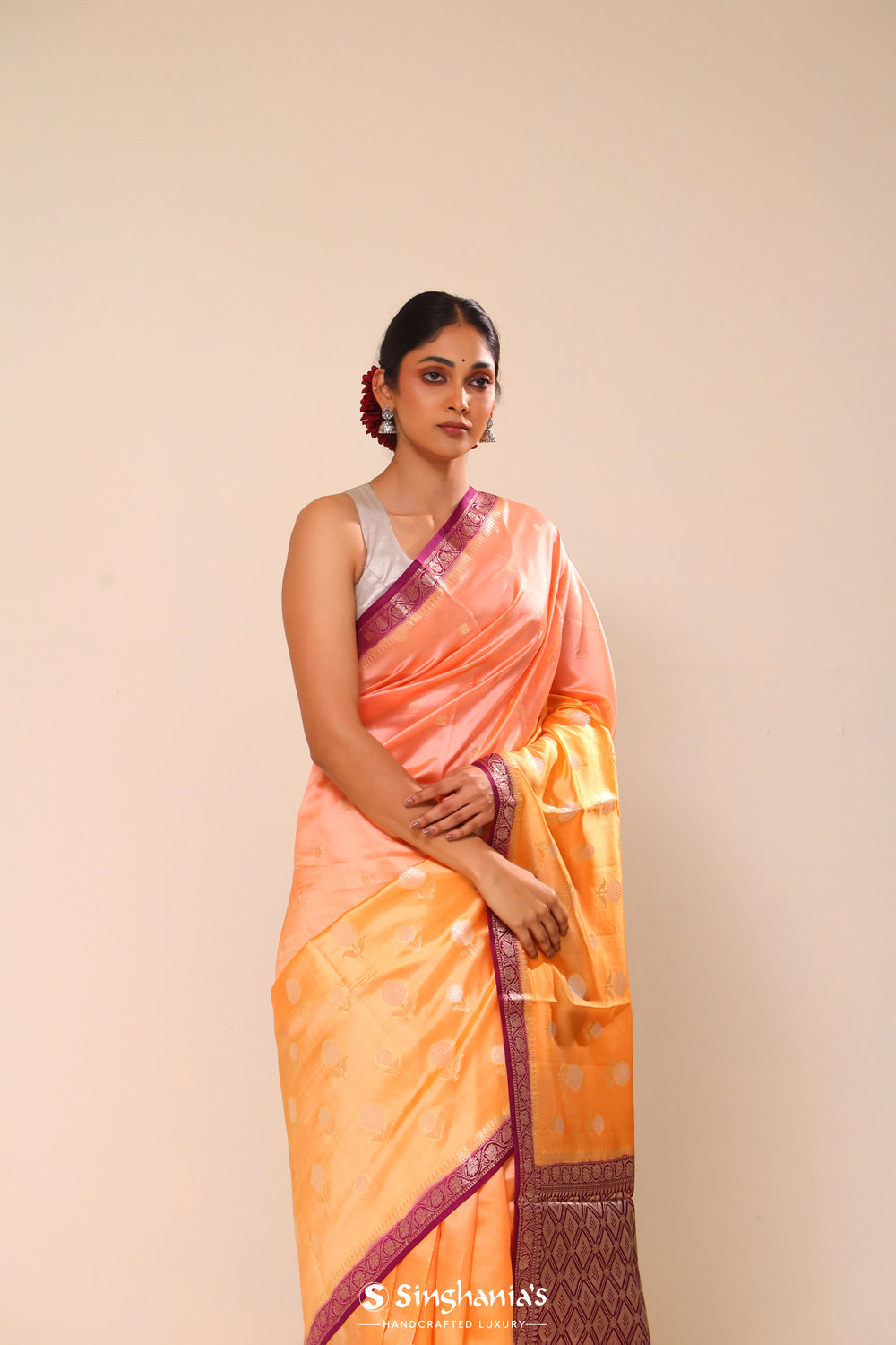 Orange Peach Ombre Chiniya Banarasi Silk Saree