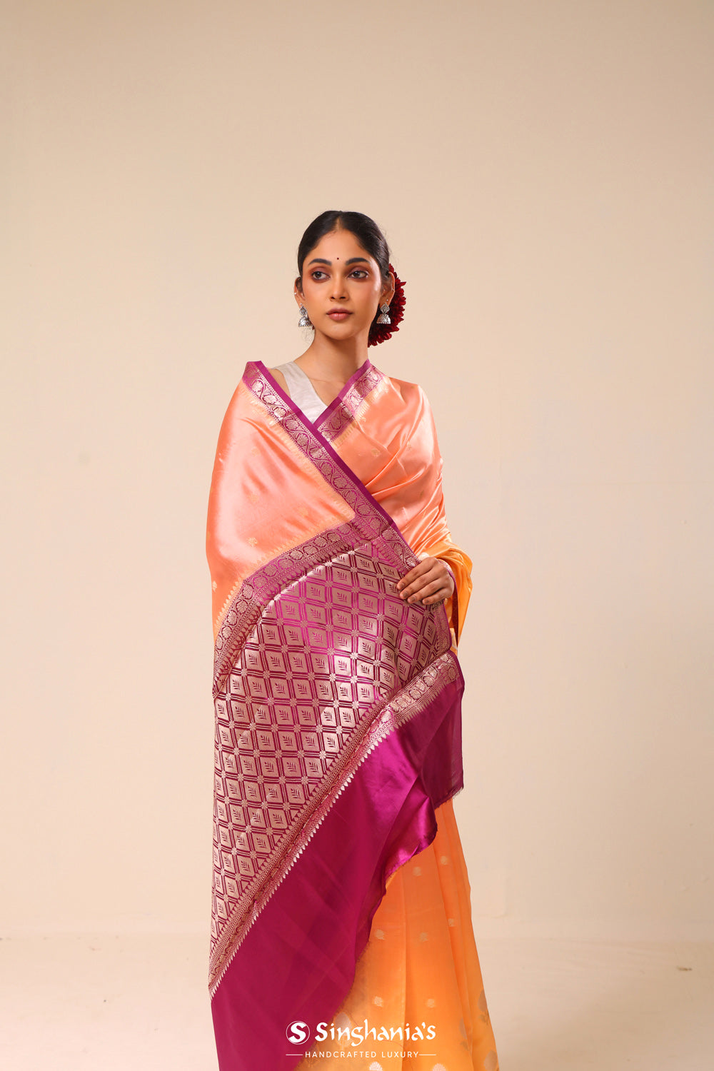 Orange Peach Ombre Chiniya Banarasi Silk Saree