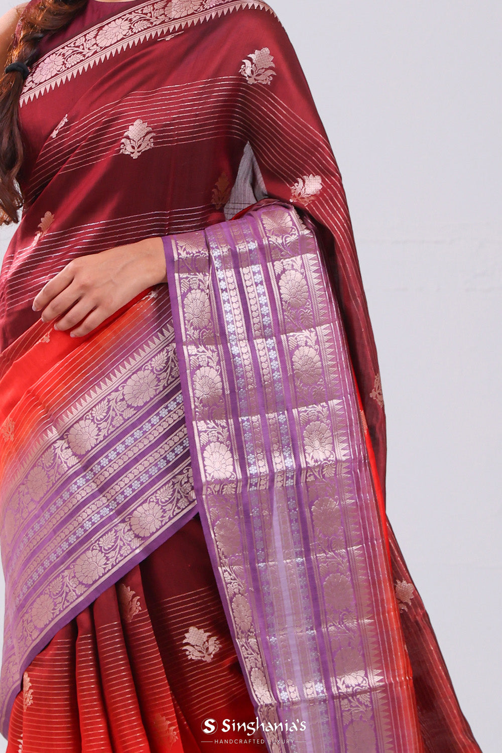 Red-Maroon Ombre Banarasi Silk Saree With Floral Motifs