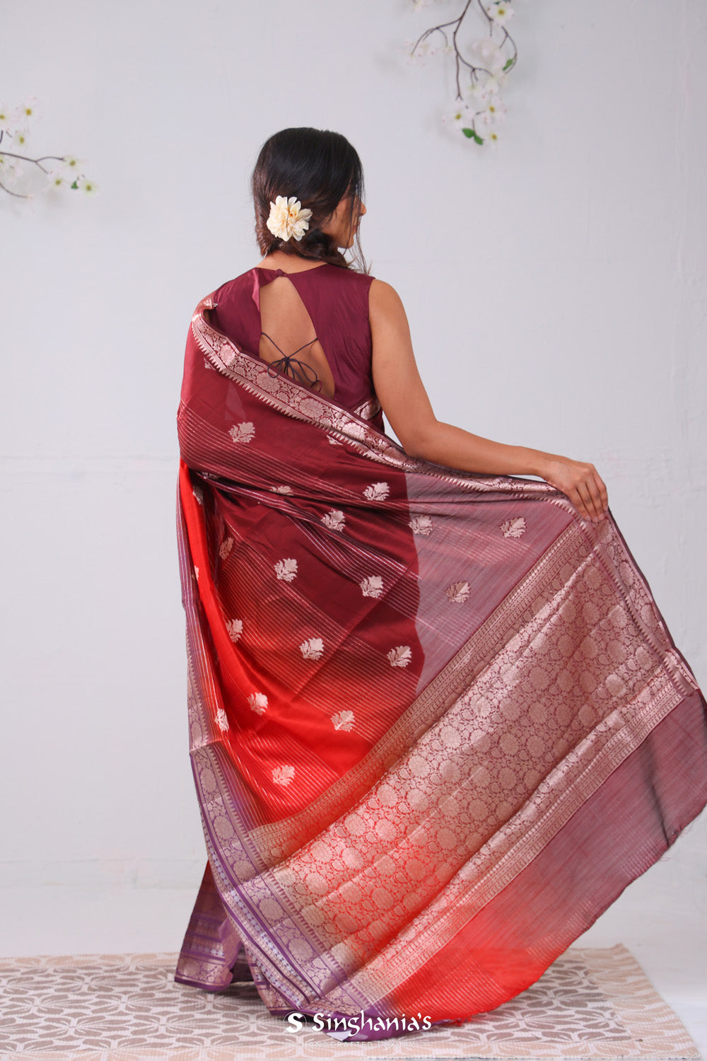 Red-Maroon Ombre Banarasi Silk Saree With Floral Motifs