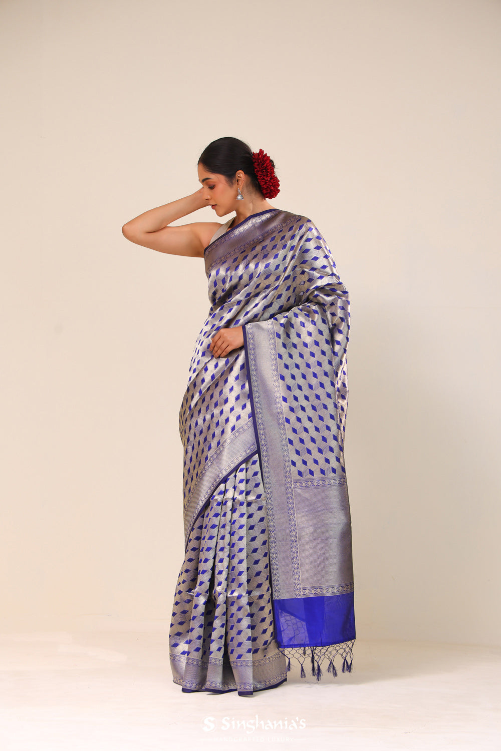 Navy Blue Chiniya Banarasi Silk Saree