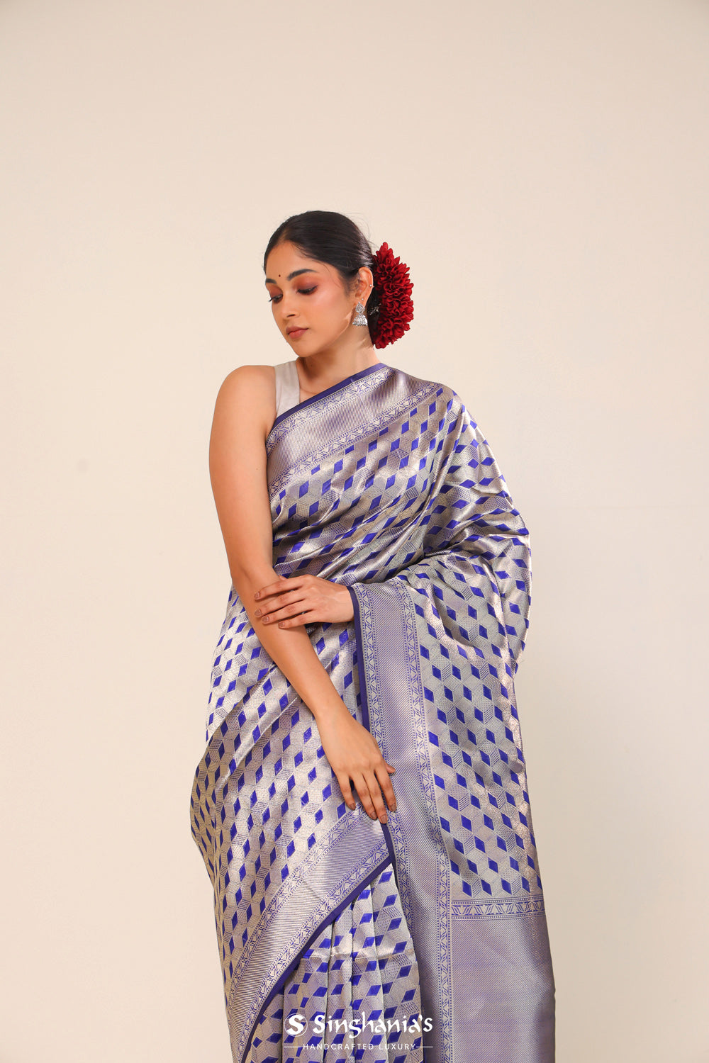 Navy Blue Chiniya Banarasi Silk Saree