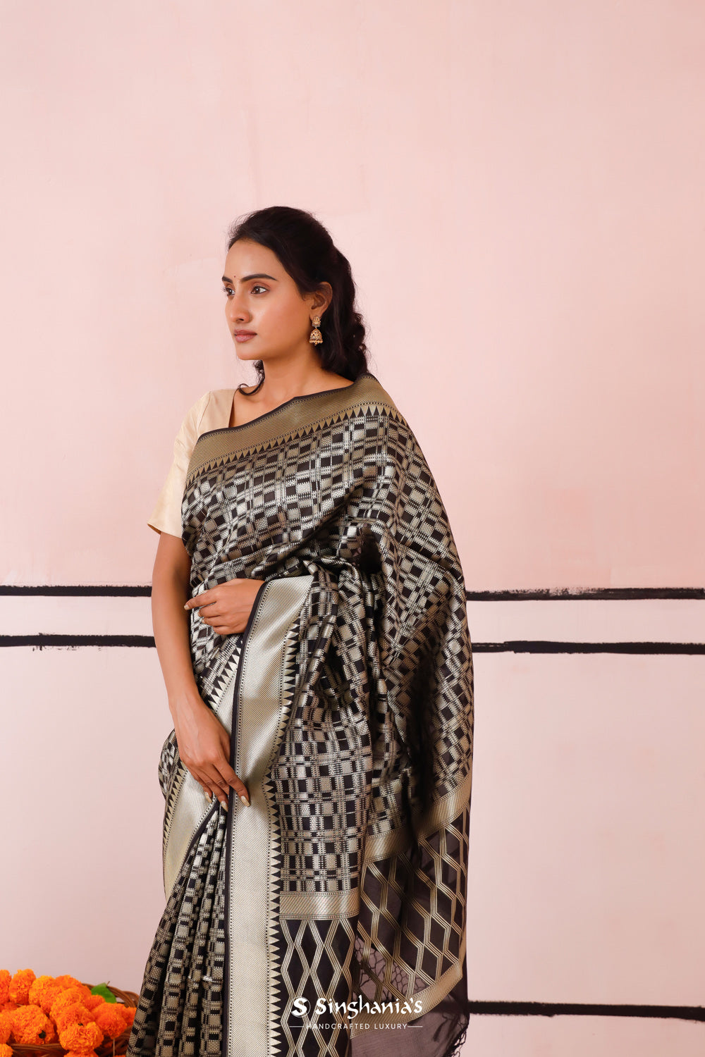 Aesthetic Black Banarasi Organza Saree With Geoemtrical Weaving