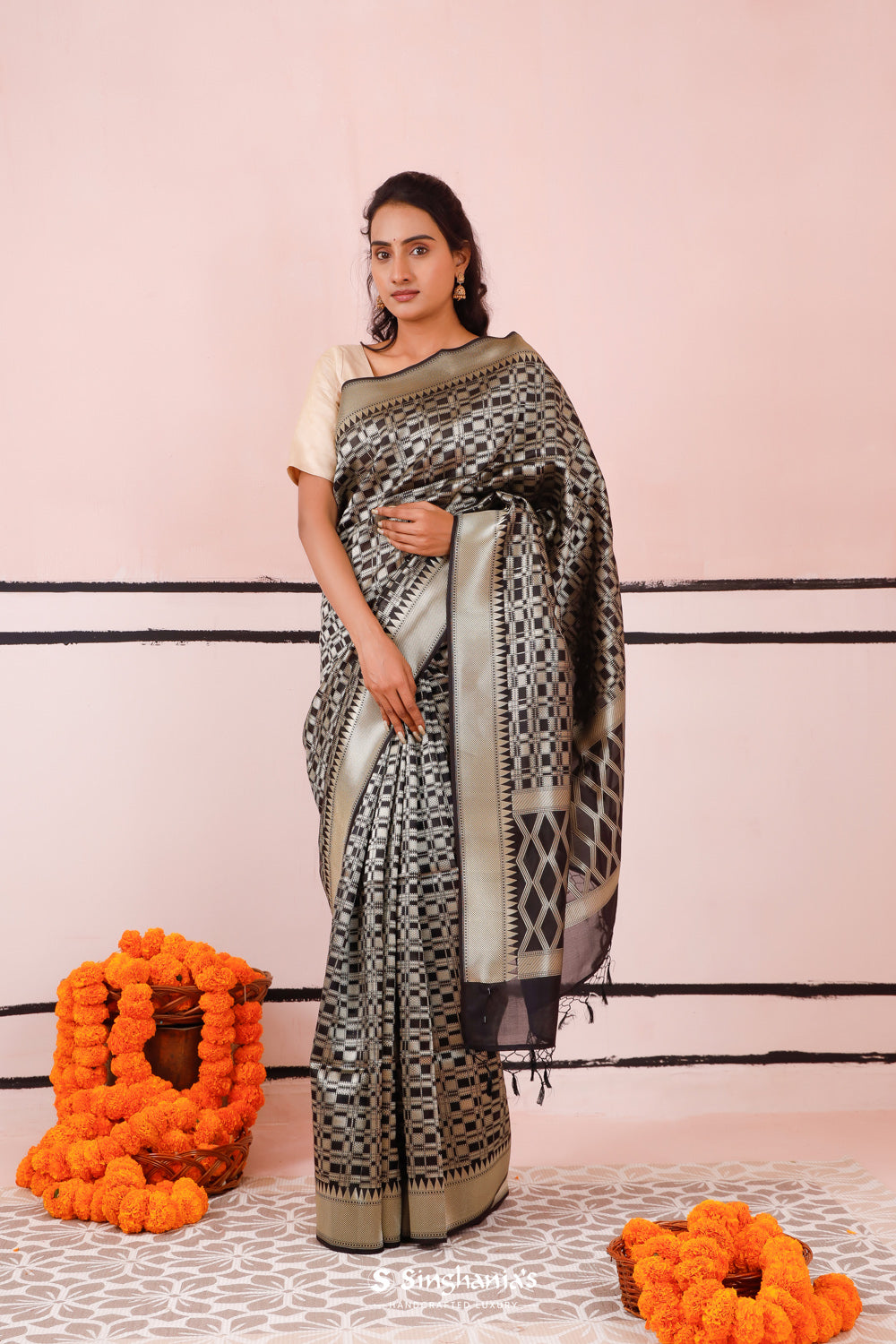 Aesthetic Black Banarasi Organza Saree With Geoemtrical Weaving