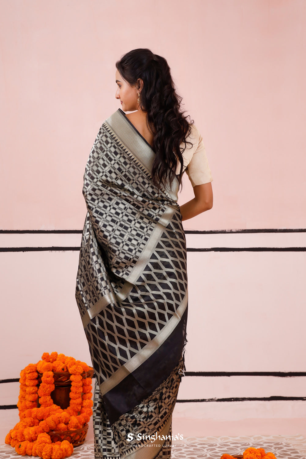 Aesthetic Black Banarasi Organza Saree With Geoemtrical Weaving