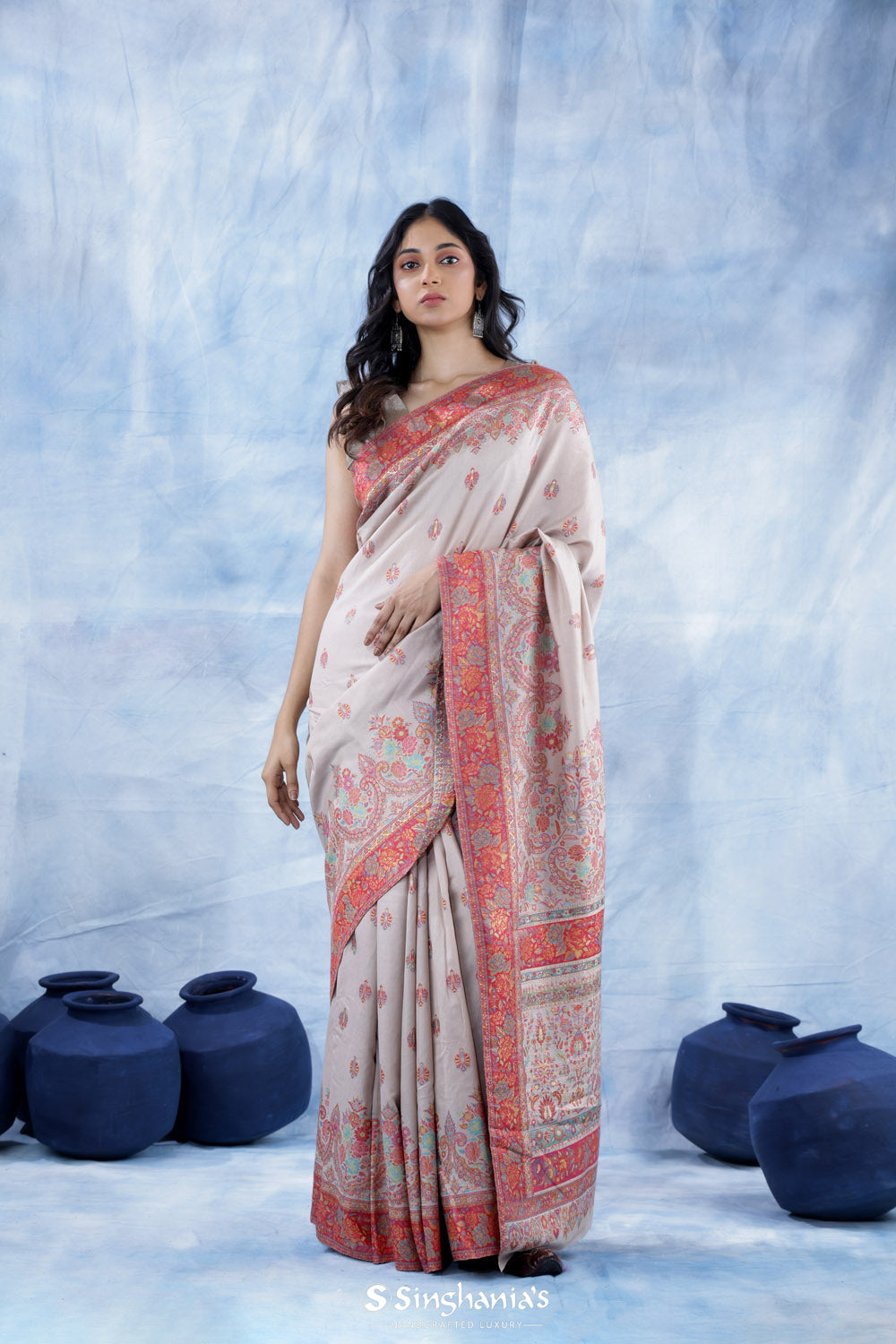 Platinum White Kani Handloom Saree With Floral Motifs