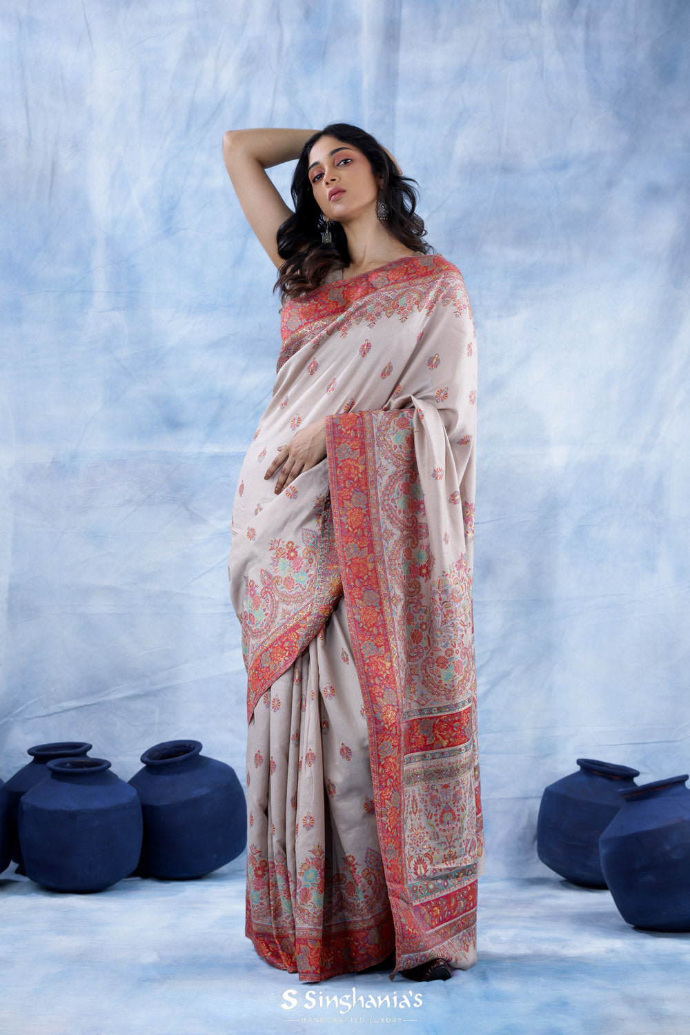 Platinum White Kani Handloom Saree With Floral Motifs