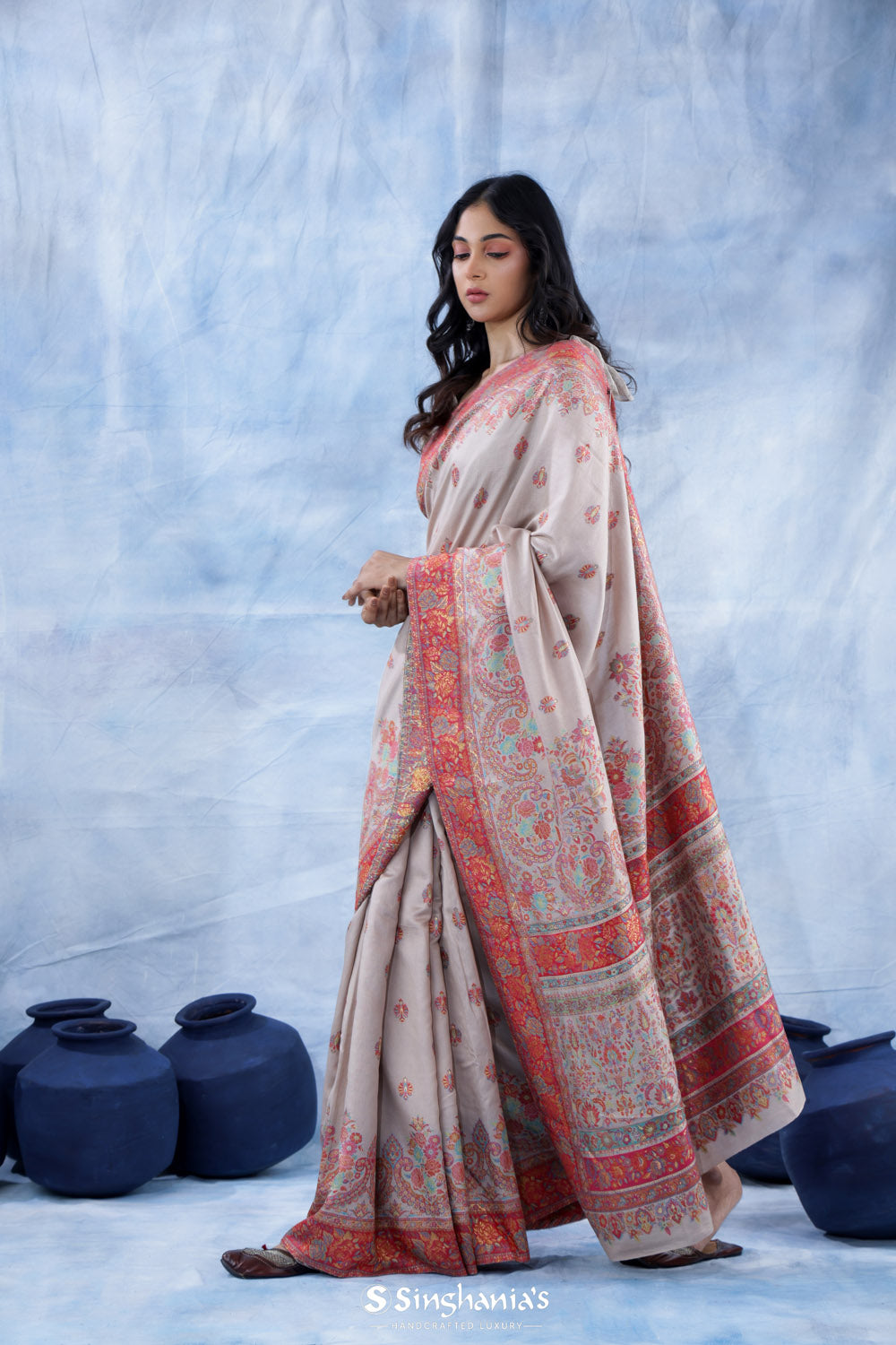 Platinum White Kani Handloom Saree With Floral Motifs