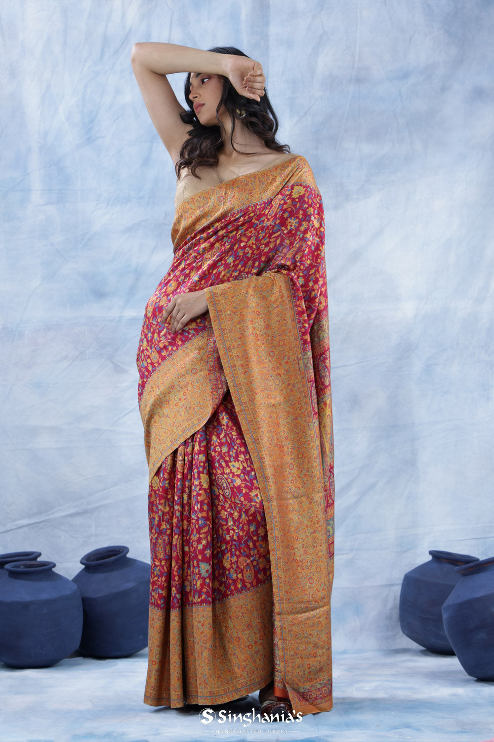 Hibiscus Red Kani Handloom Saree With Floral Jaal Design