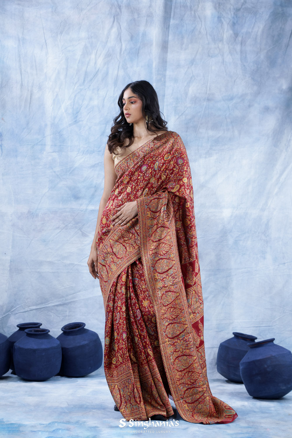 Indian Red Kani Handloom Saree With Floral Motifs