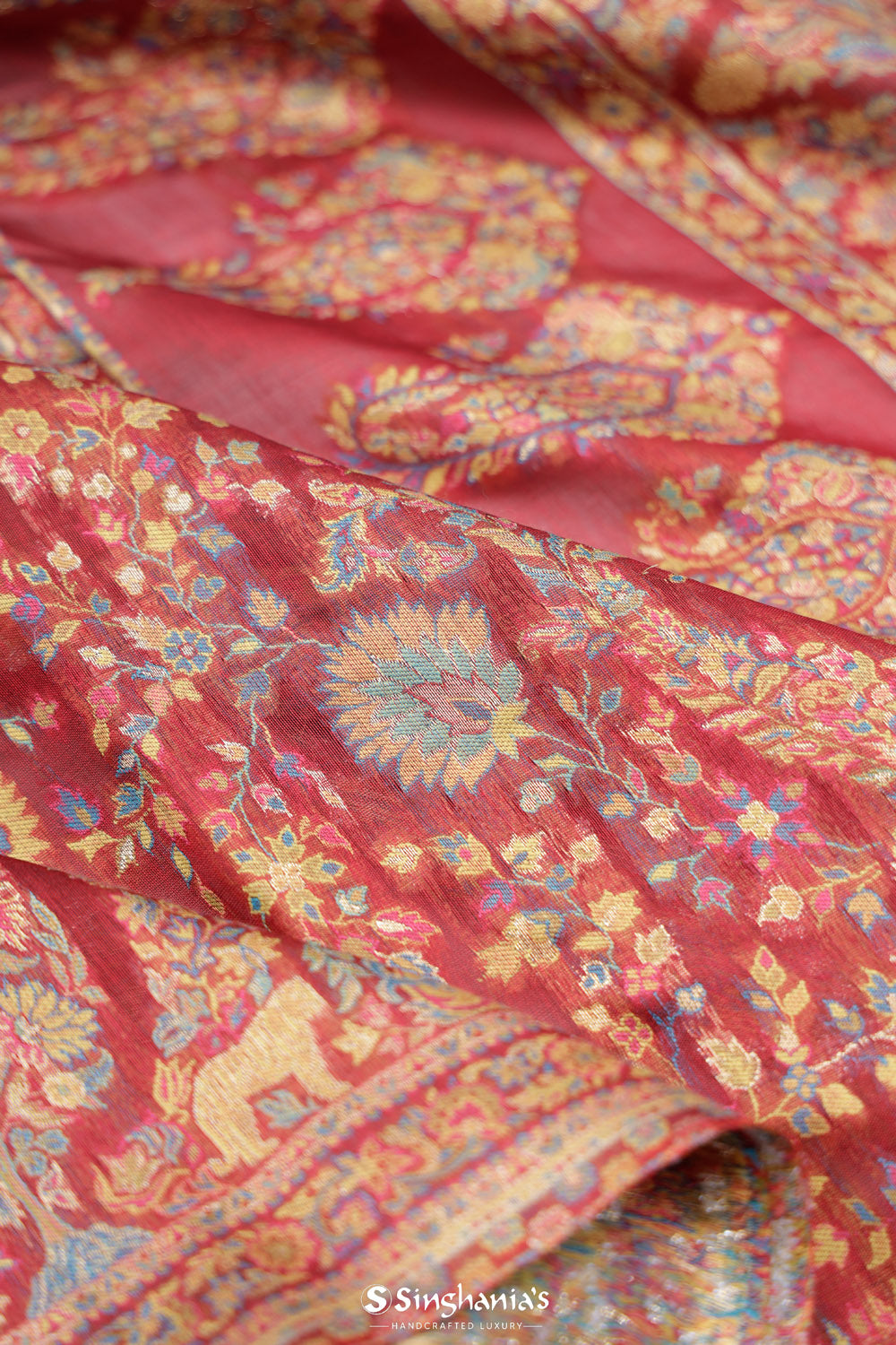 Indian Red Kani Handloom Saree With Floral Motifs