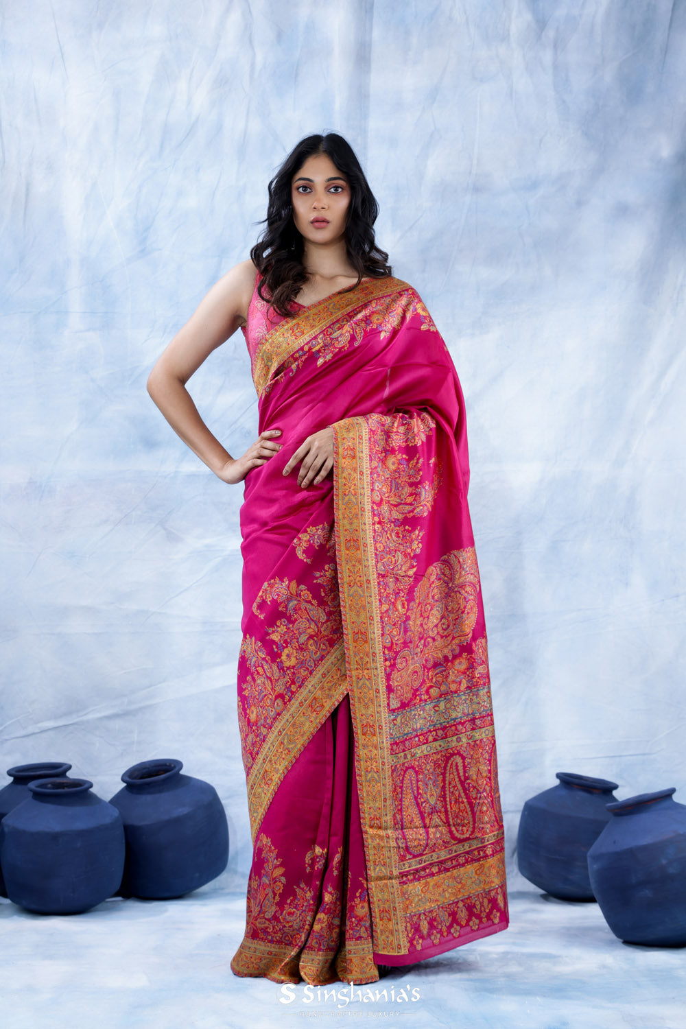 Mexican Pink Kani Handloom Saree With Floral Motifs