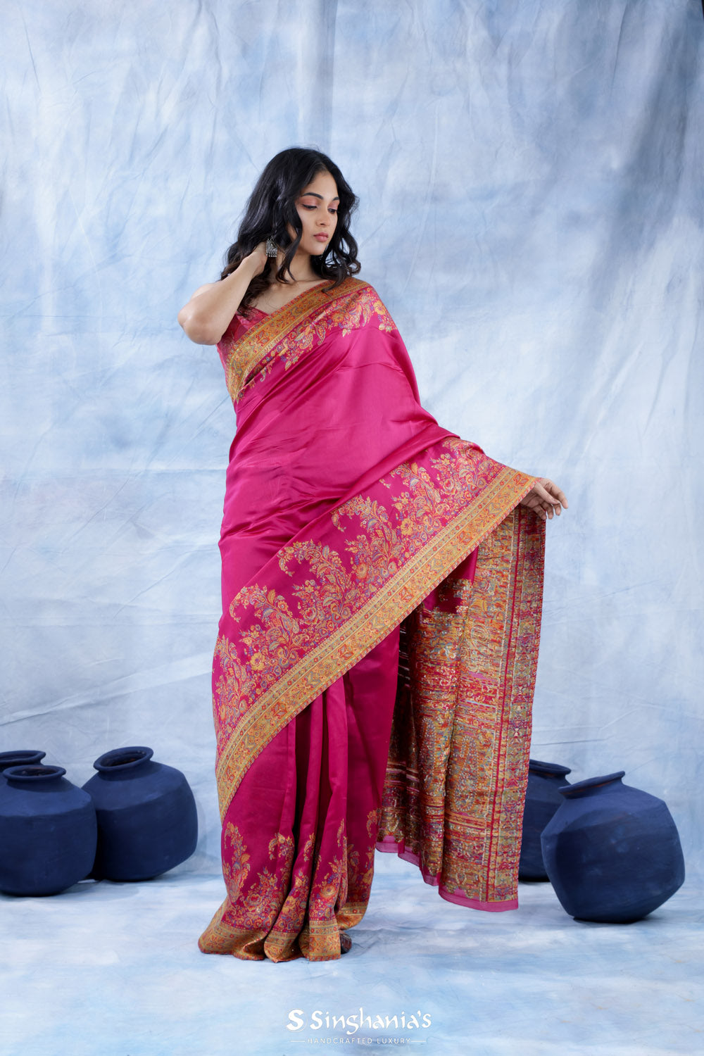 Mexican Pink Kani Handloom Saree With Floral Motifs