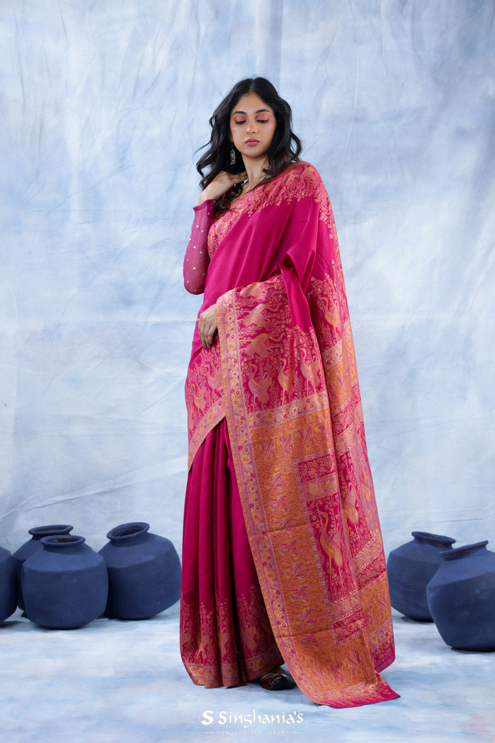 Steel Pink Kani Handloom Saree With Floral Motifs