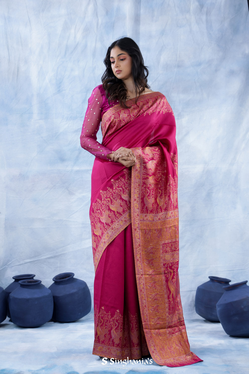 Steel Pink Kani Handloom Saree With Floral Motifs