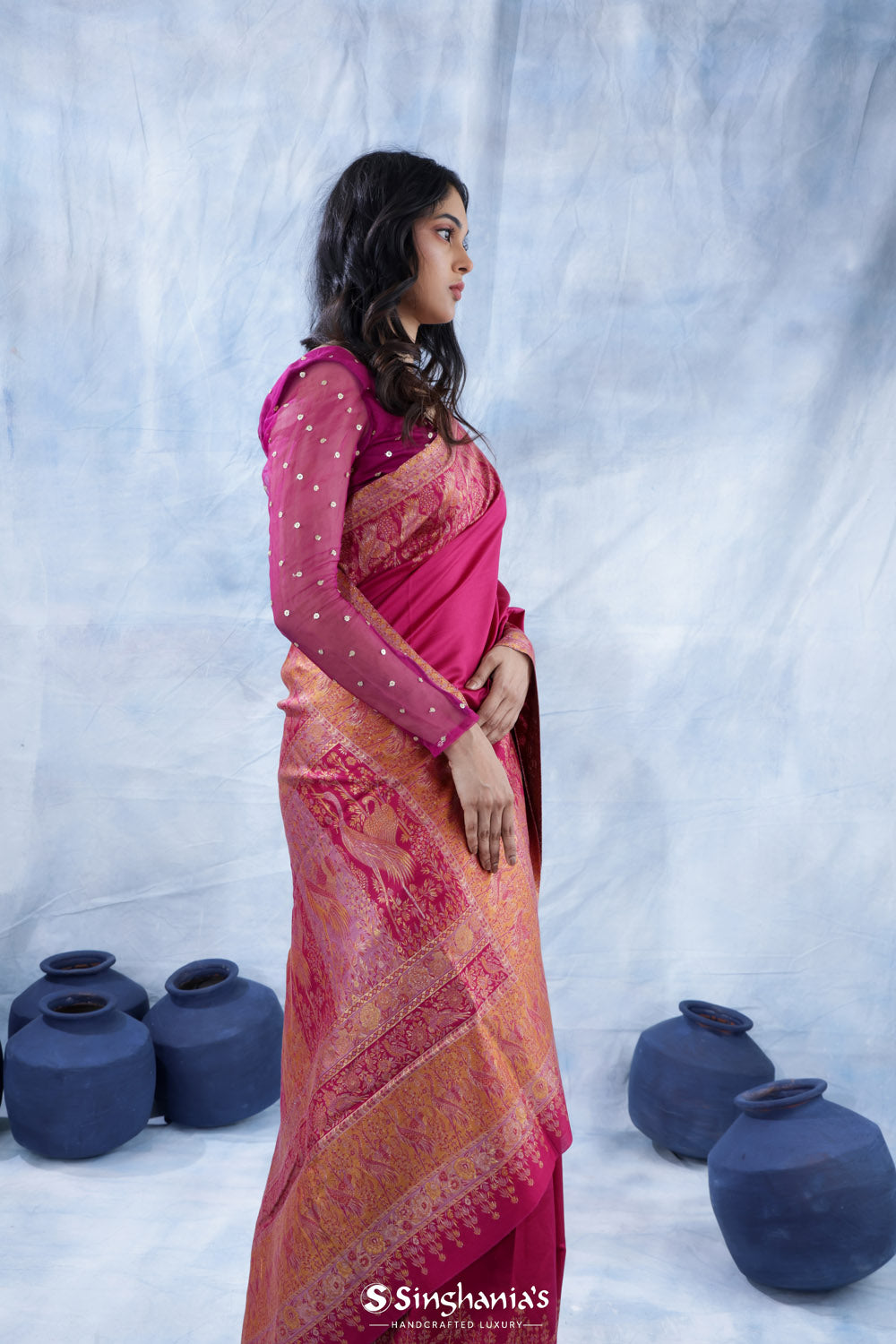 Steel Pink Kani Handloom Saree With Floral Motifs