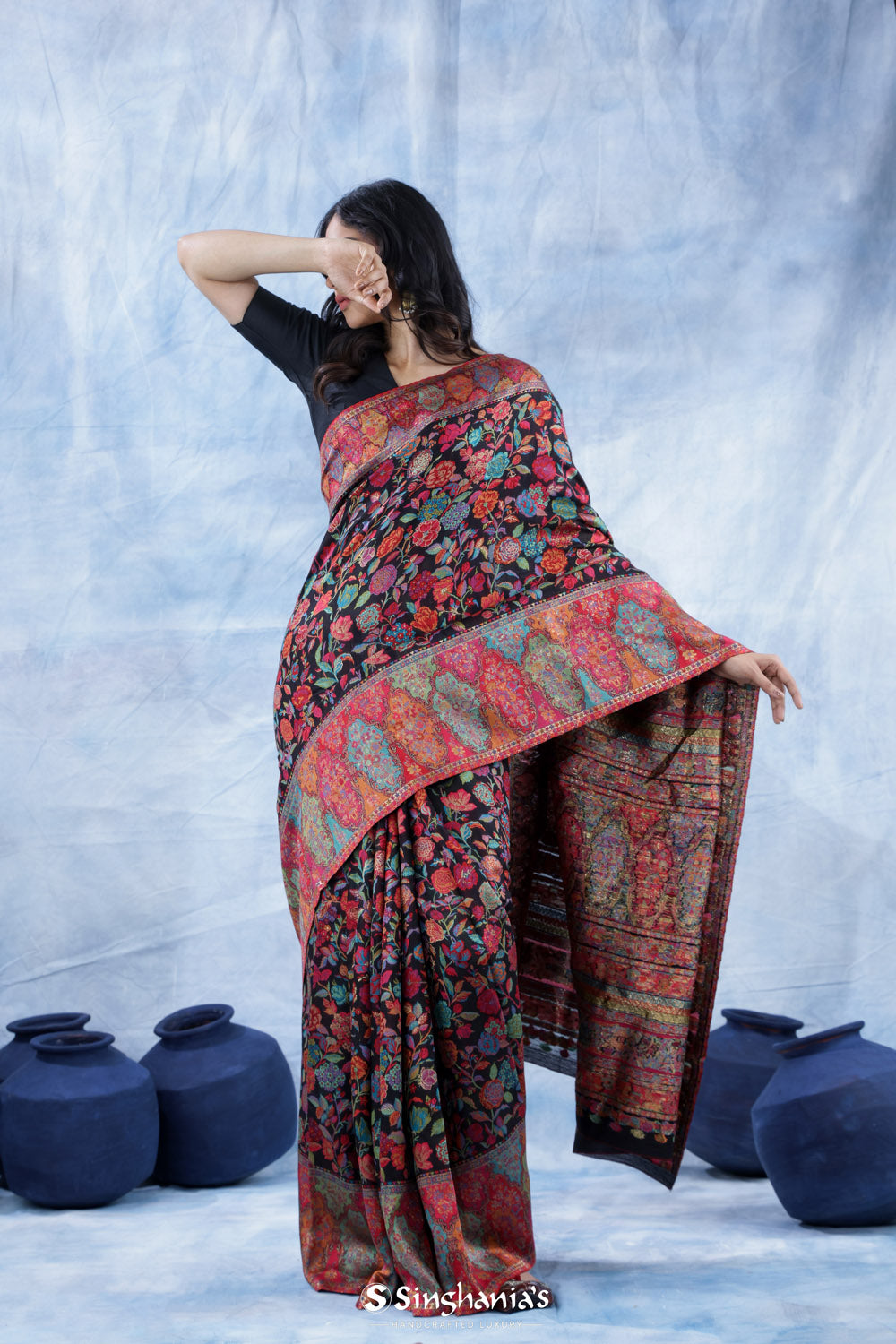 Pitch Black Kani Handloom Saree With Floral Jaal Motifs