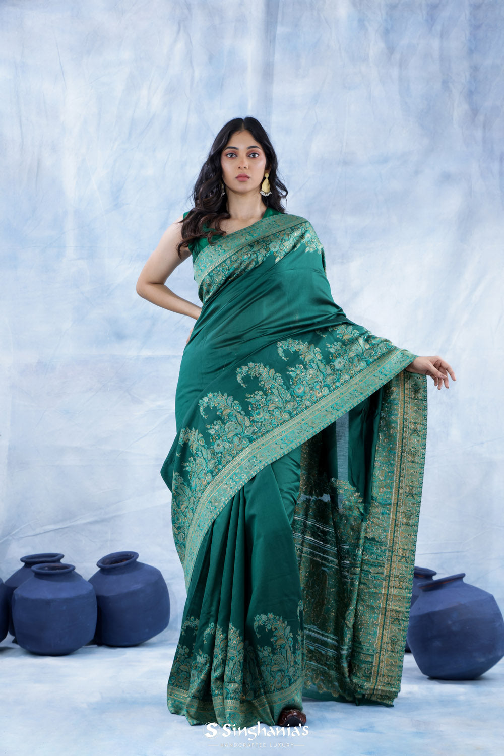 Myrtle Green Kani Handloom Saree With Floral Motifs