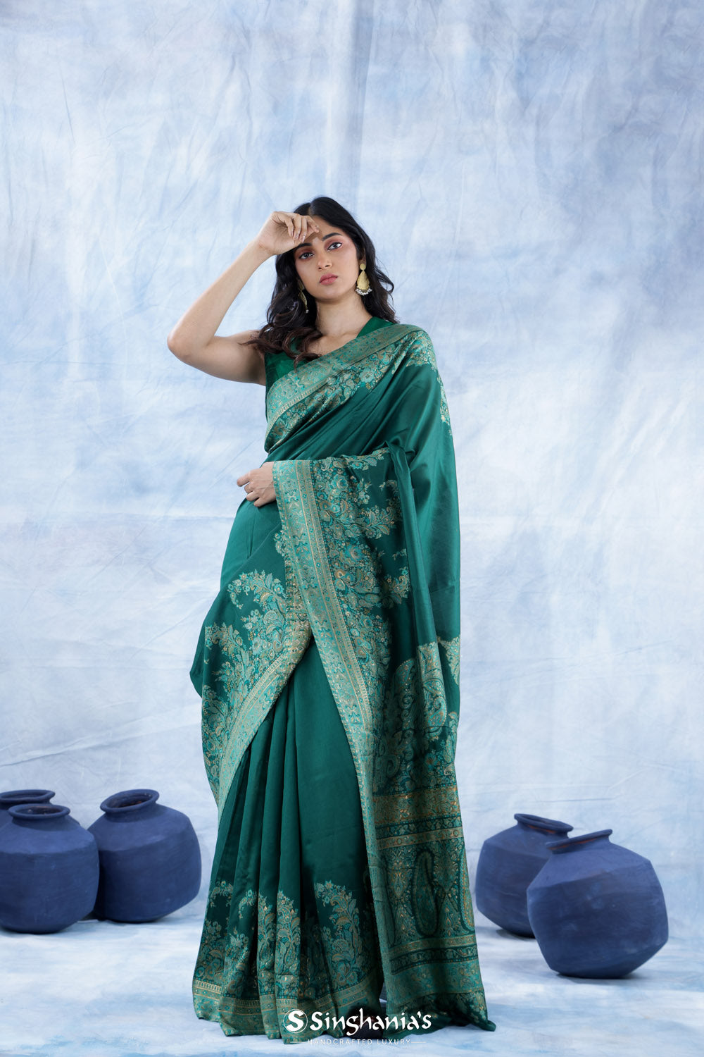 Myrtle Green Kani Handloom Saree With Floral Motifs