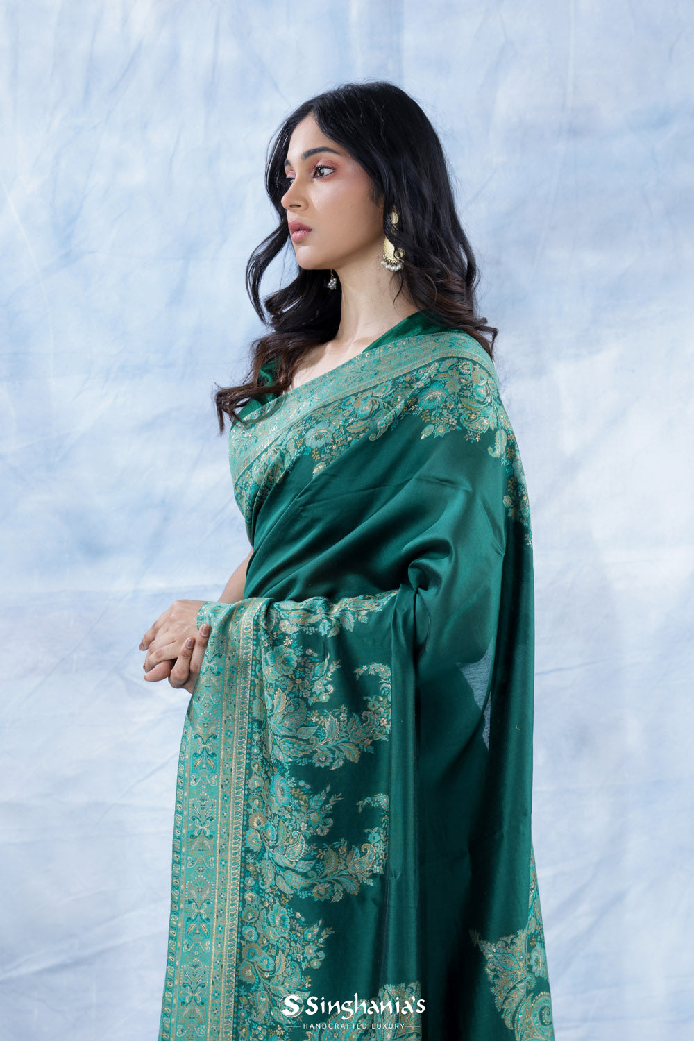 Myrtle Green Kani Handloom Saree With Floral Motifs