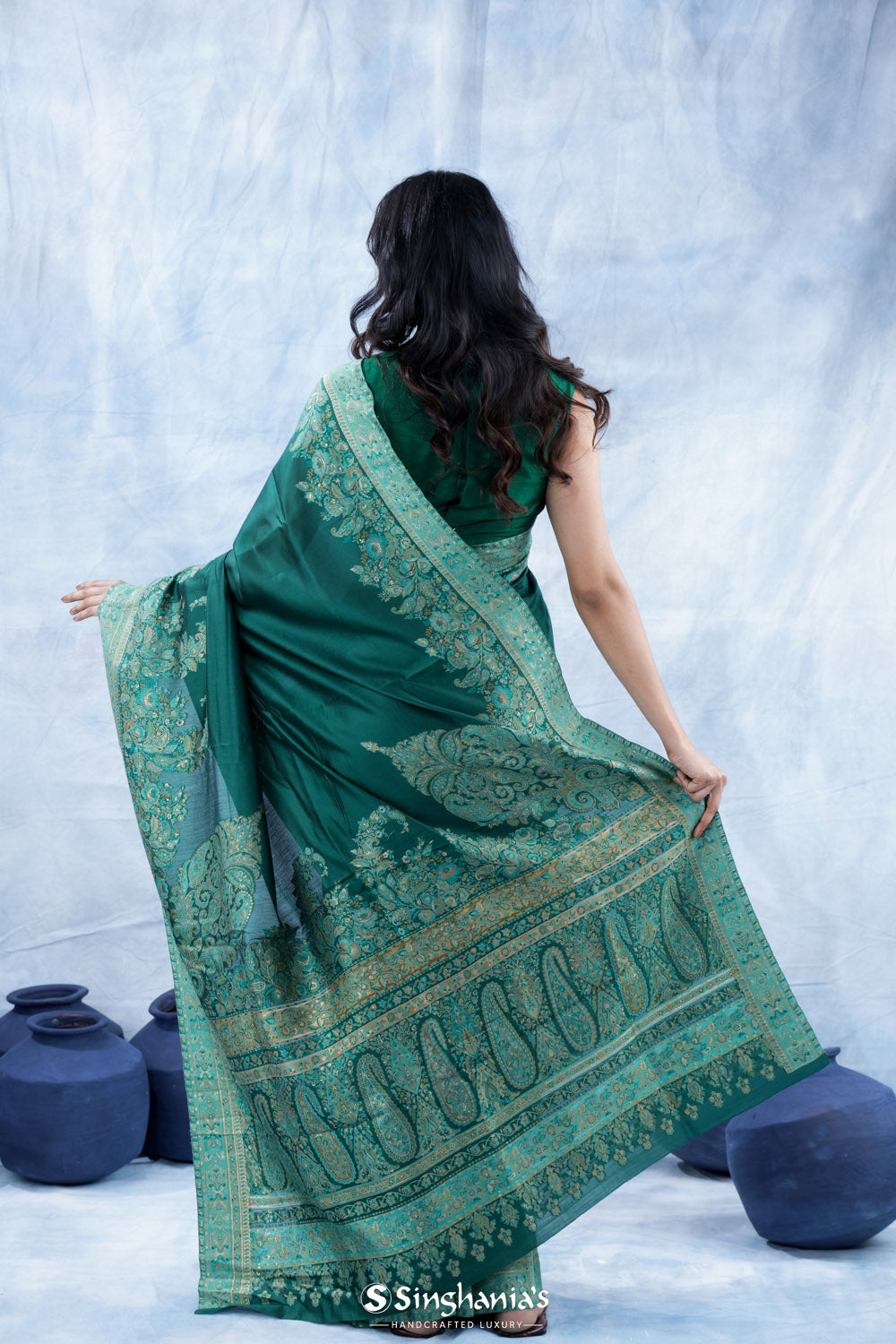 Myrtle Green Kani Handloom Saree With Floral Motifs