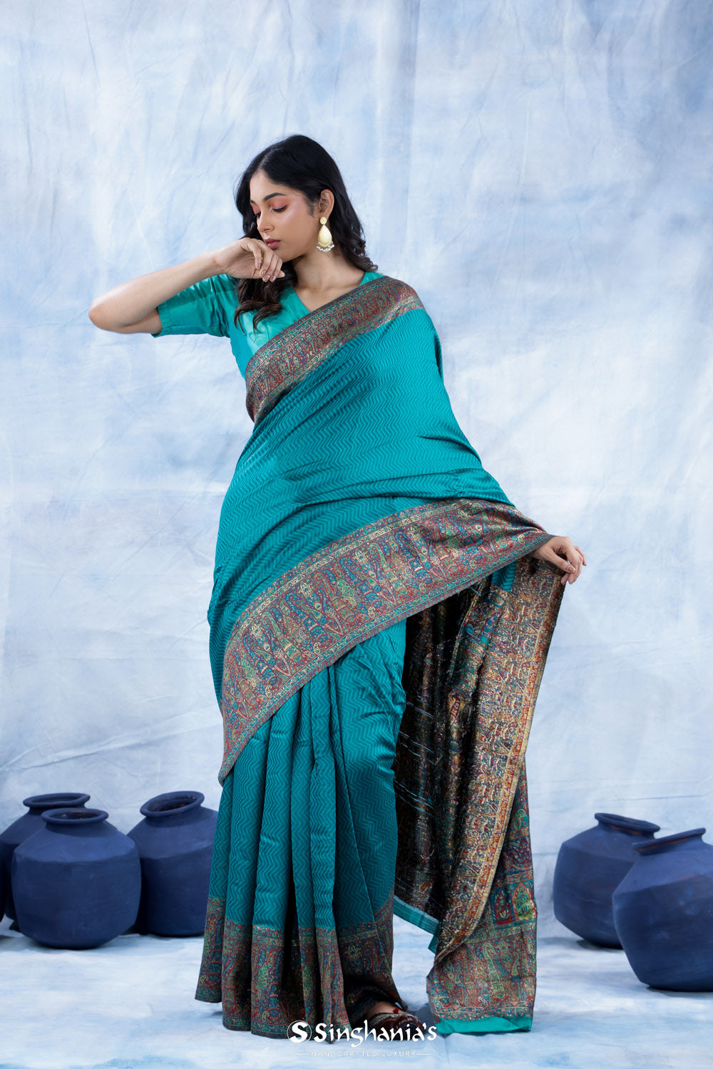 Ocean Blue Kani Handloom Saree With Floral Motifs