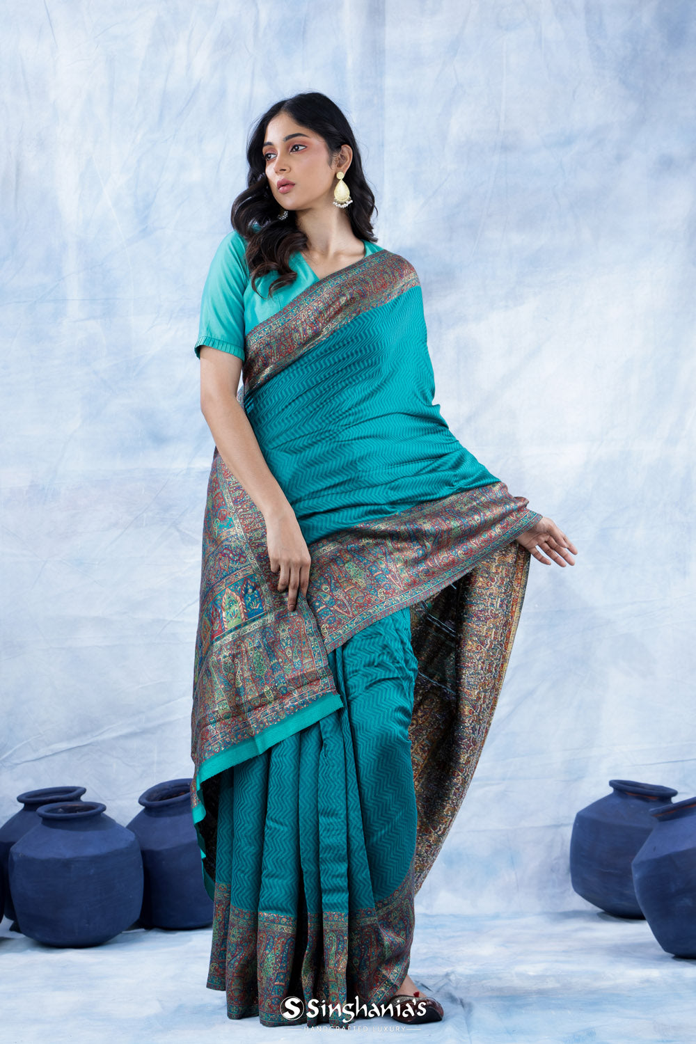 Ocean Blue Kani Handloom Saree With Floral Motifs