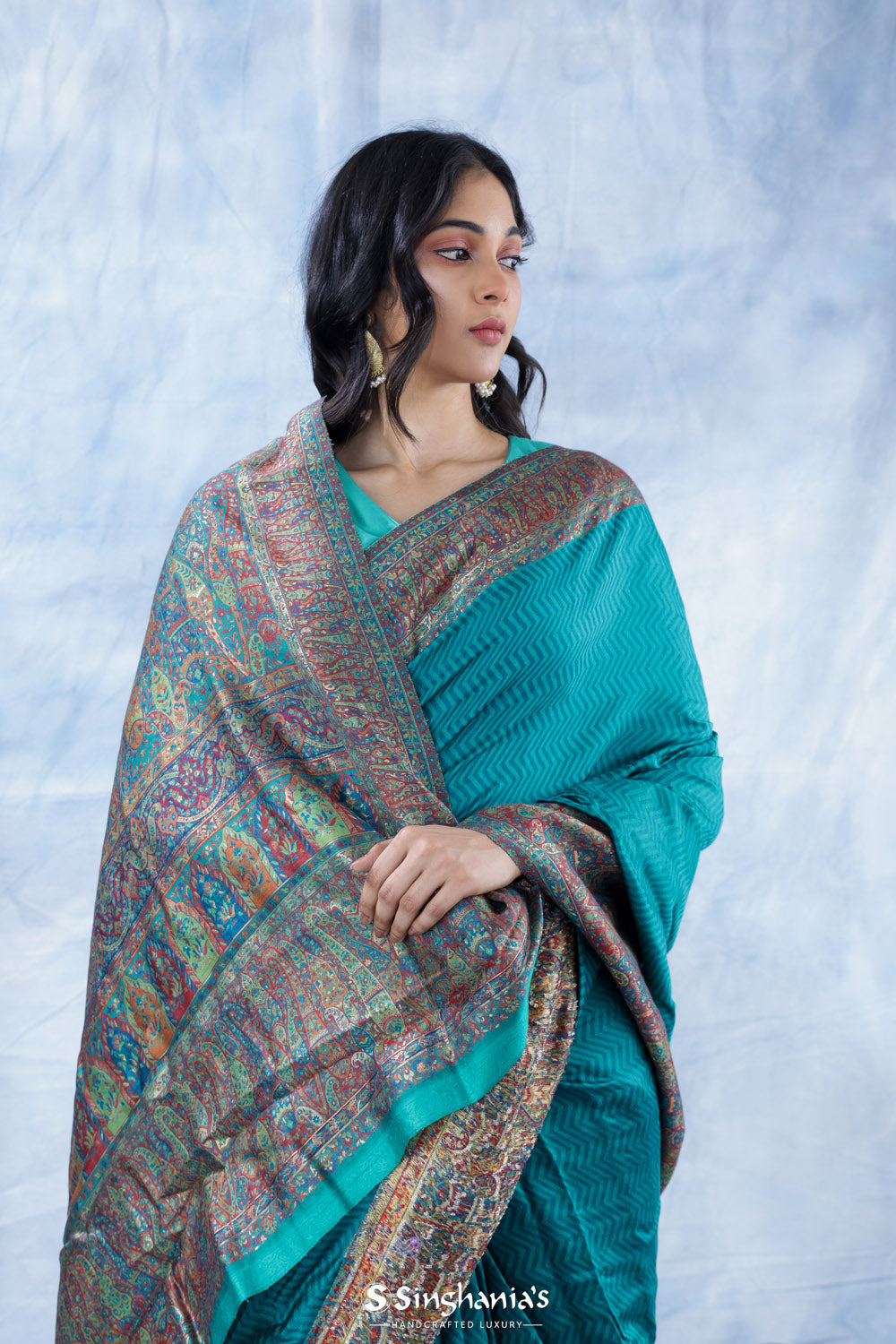 Ocean Blue Kani Handloom Saree With Floral Motifs