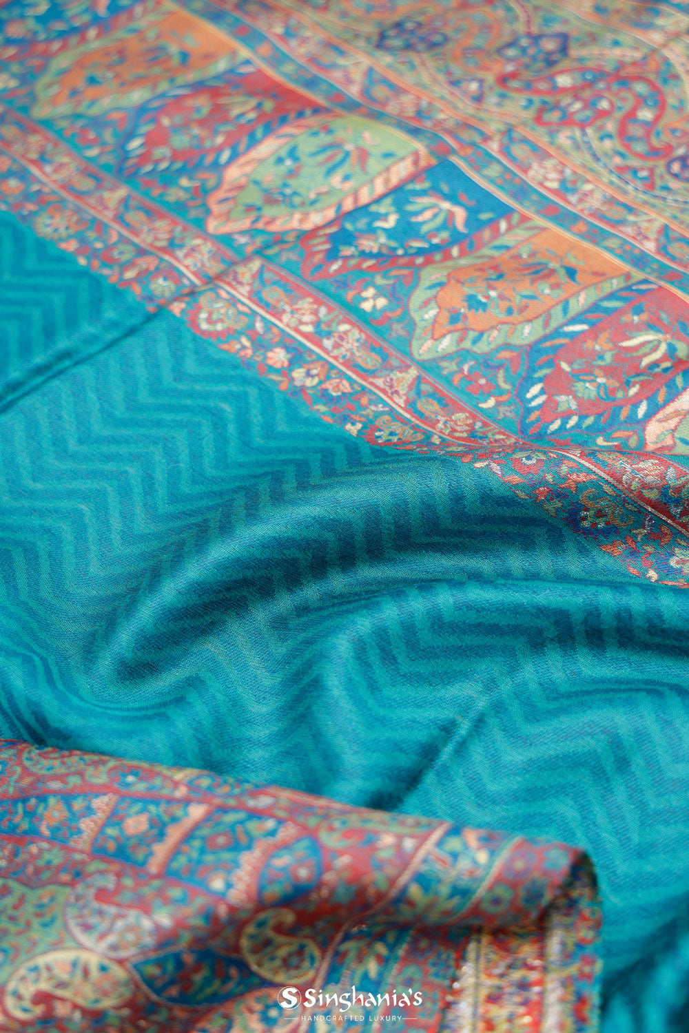 Ocean Blue Kani Handloom Saree With Floral Motifs