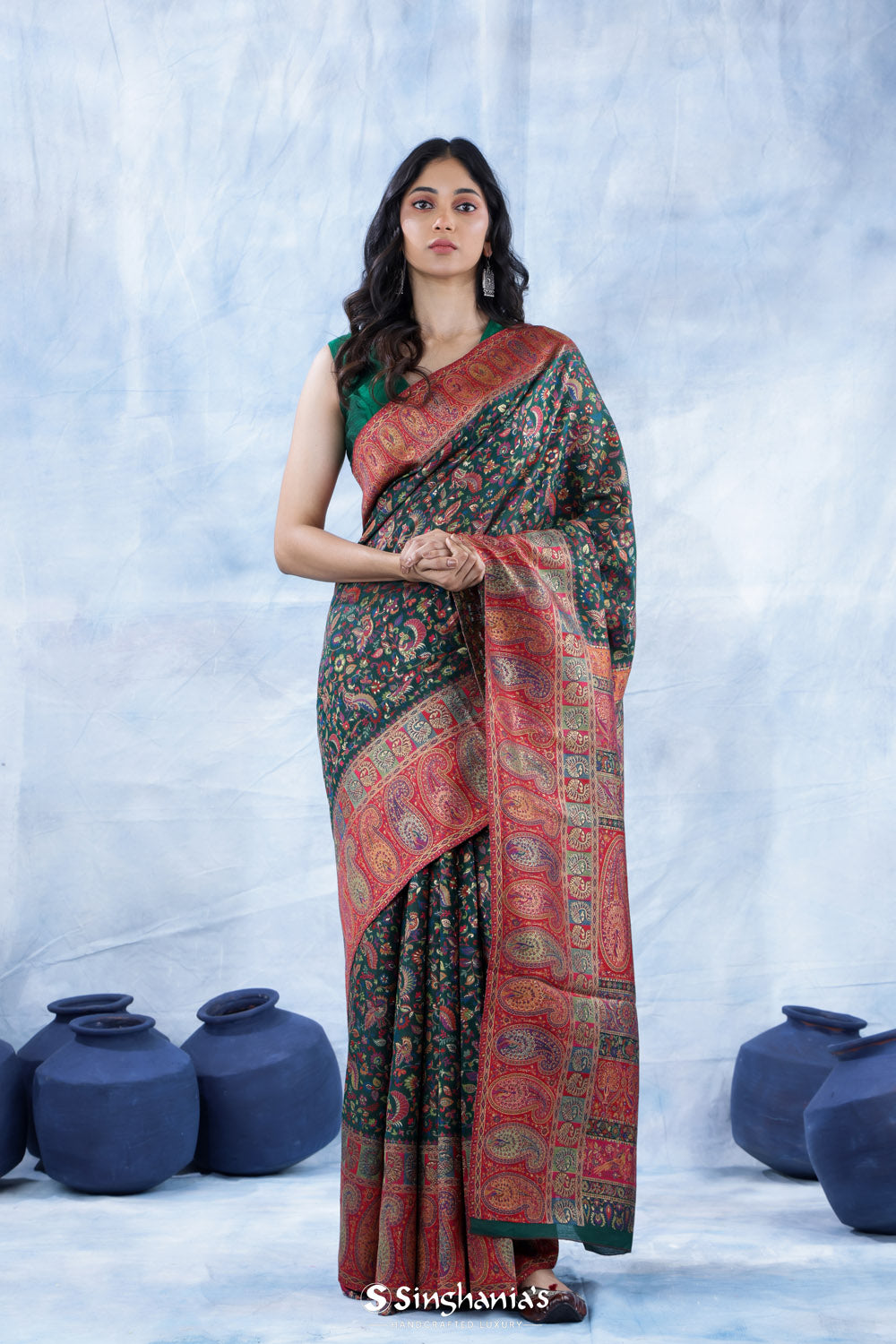 Sacramento Green Kani Handloom Saree With Floral Motifs