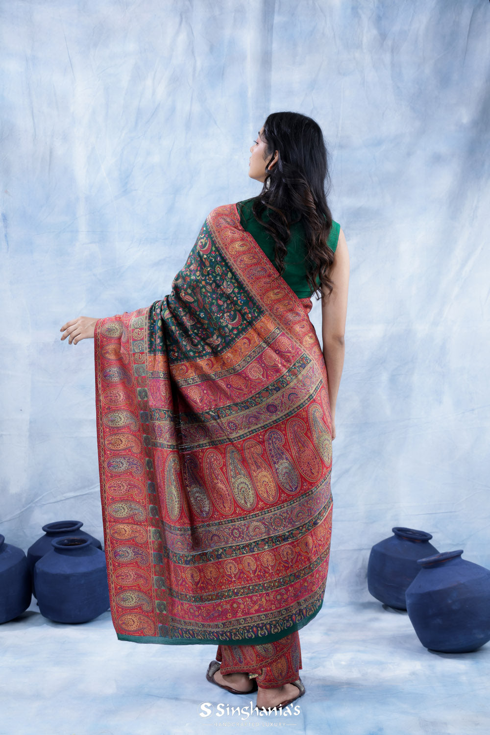 Sacramento Green Kani Handloom Saree With Floral Motifs