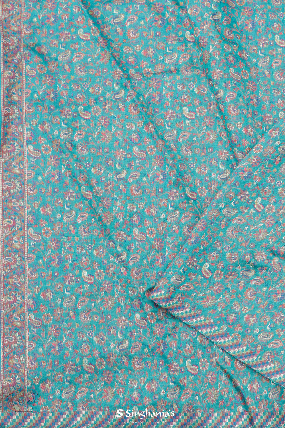 Dark Turquoise Blue Kani Handloom Saree With Floral Motifs