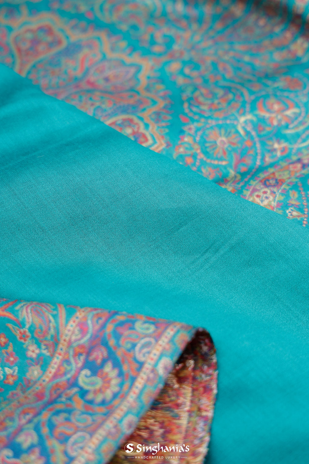 Dark Turquoise Blue Kani Handloom Saree With Floral Motifs