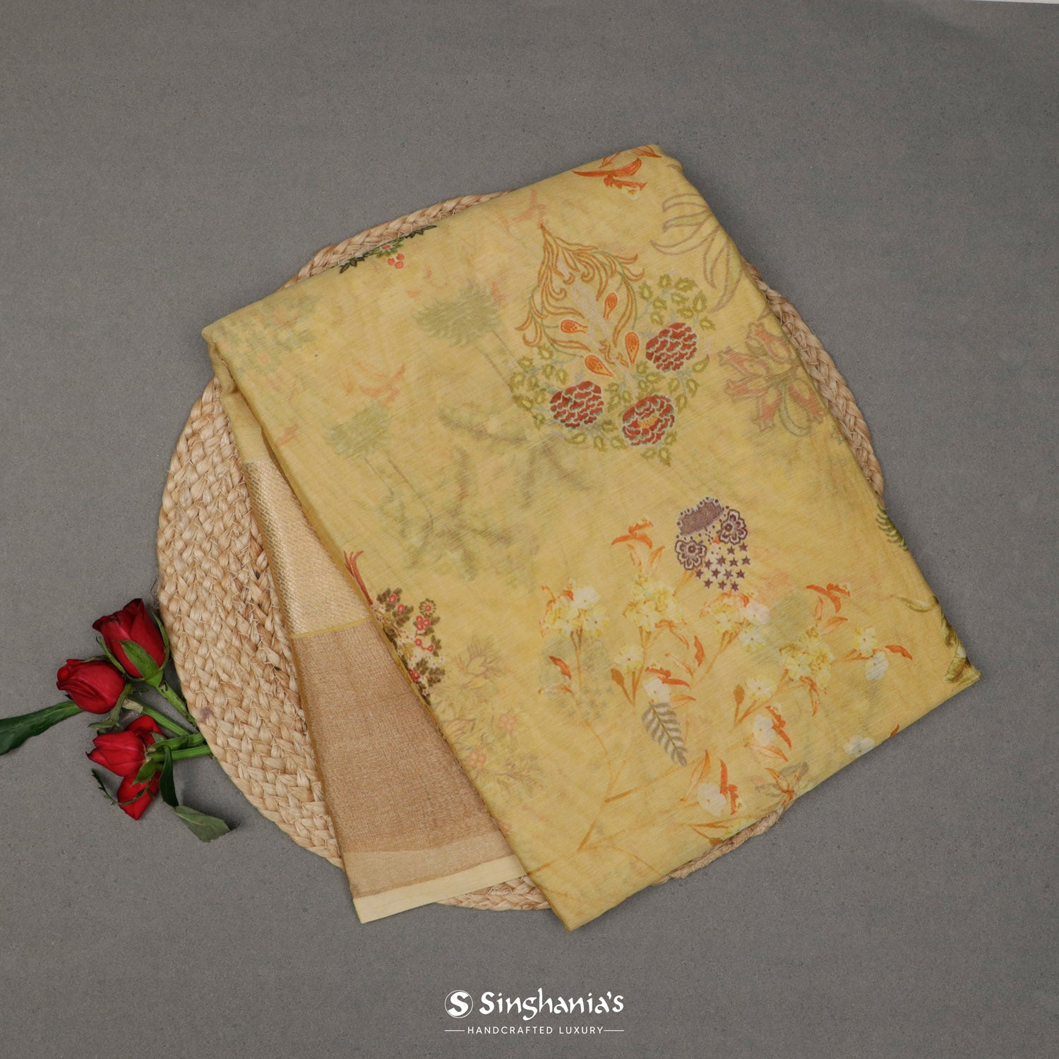 Sand Yellow Printed Maheshwari Saree With Floral Pattern