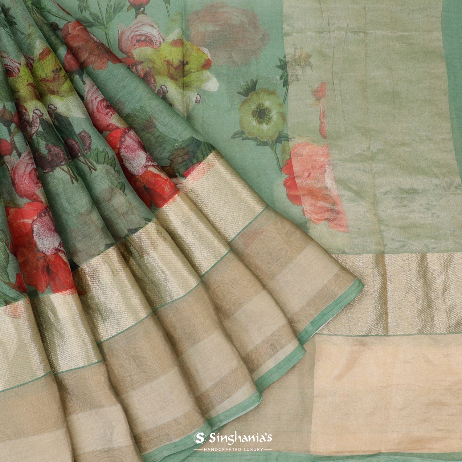 Hunter Green Printed Maheshwari Saree With Floral Pattern