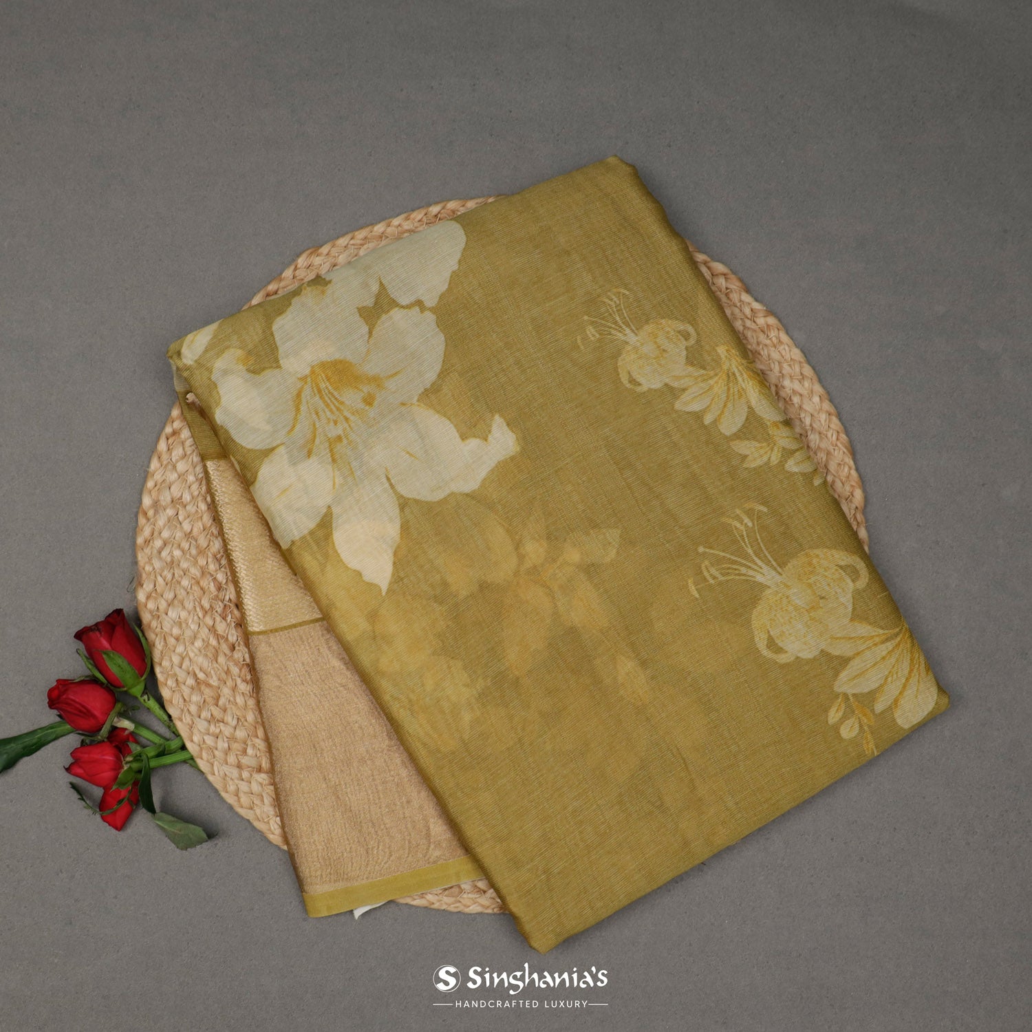 Yellowish Brown Printed Maheshwari Saree With Floral Pattern