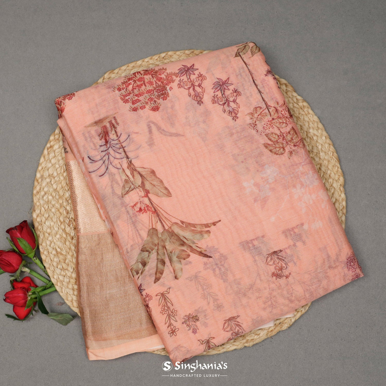 Melon Peach Printed Maheshwari Saree With Floral Pattern