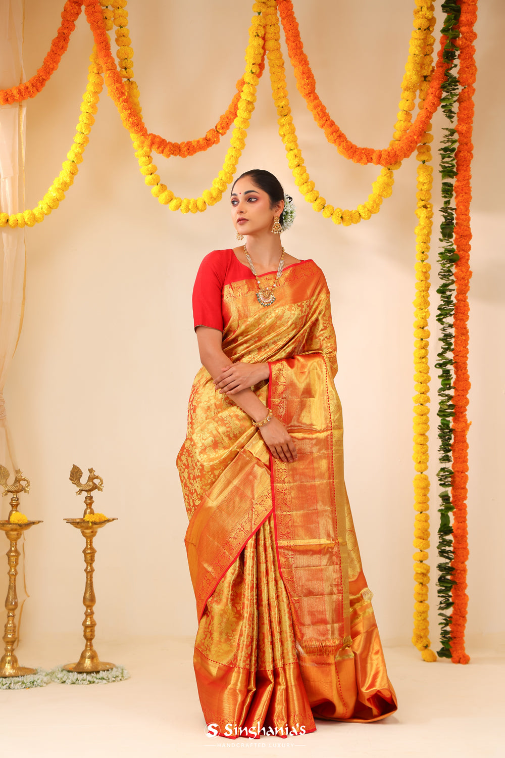 Orange Gold Tissue Kanjivaram Saree With Jaal Weaving