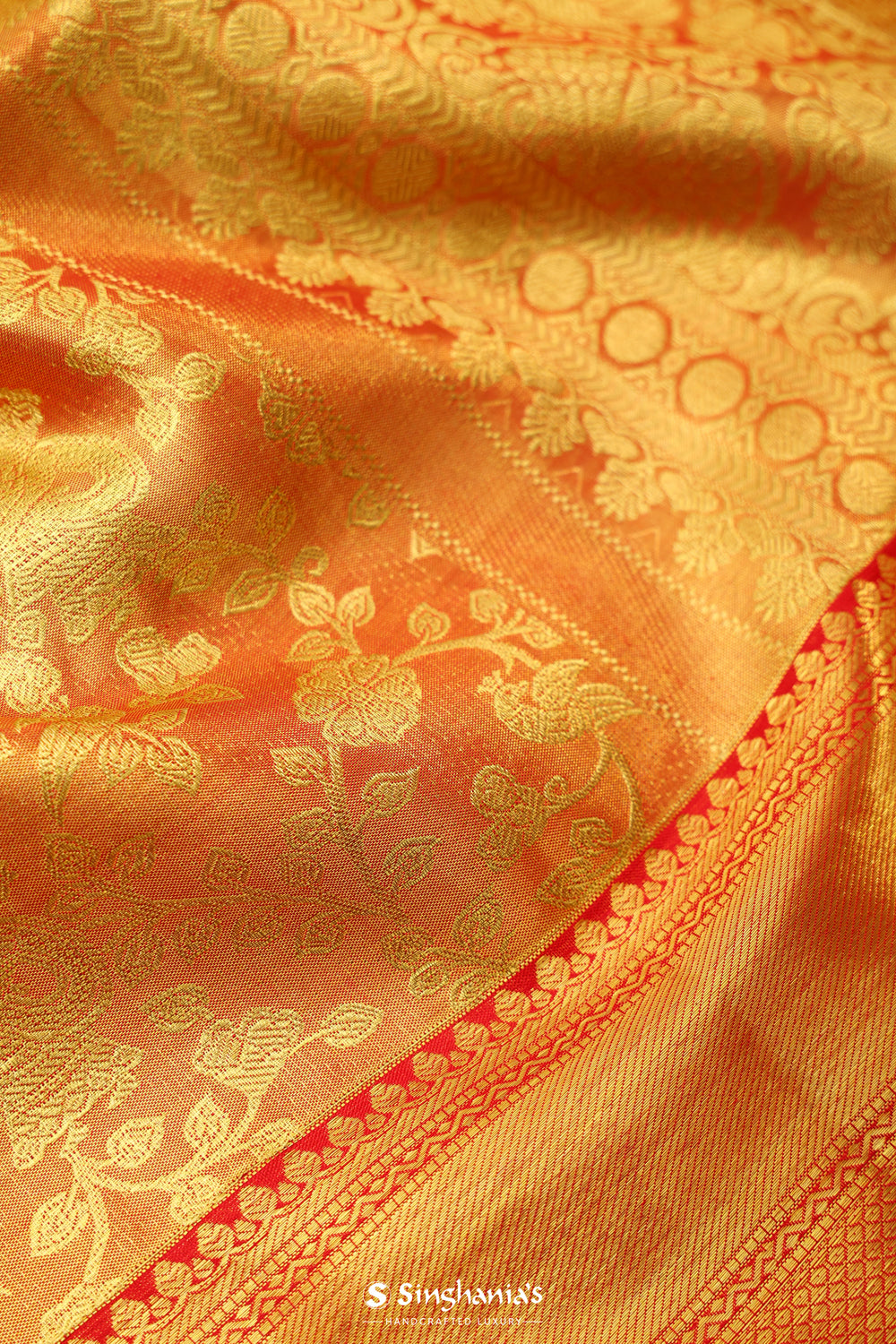 Orange Gold Tissue Kanjivaram Saree With Jaal Weaving