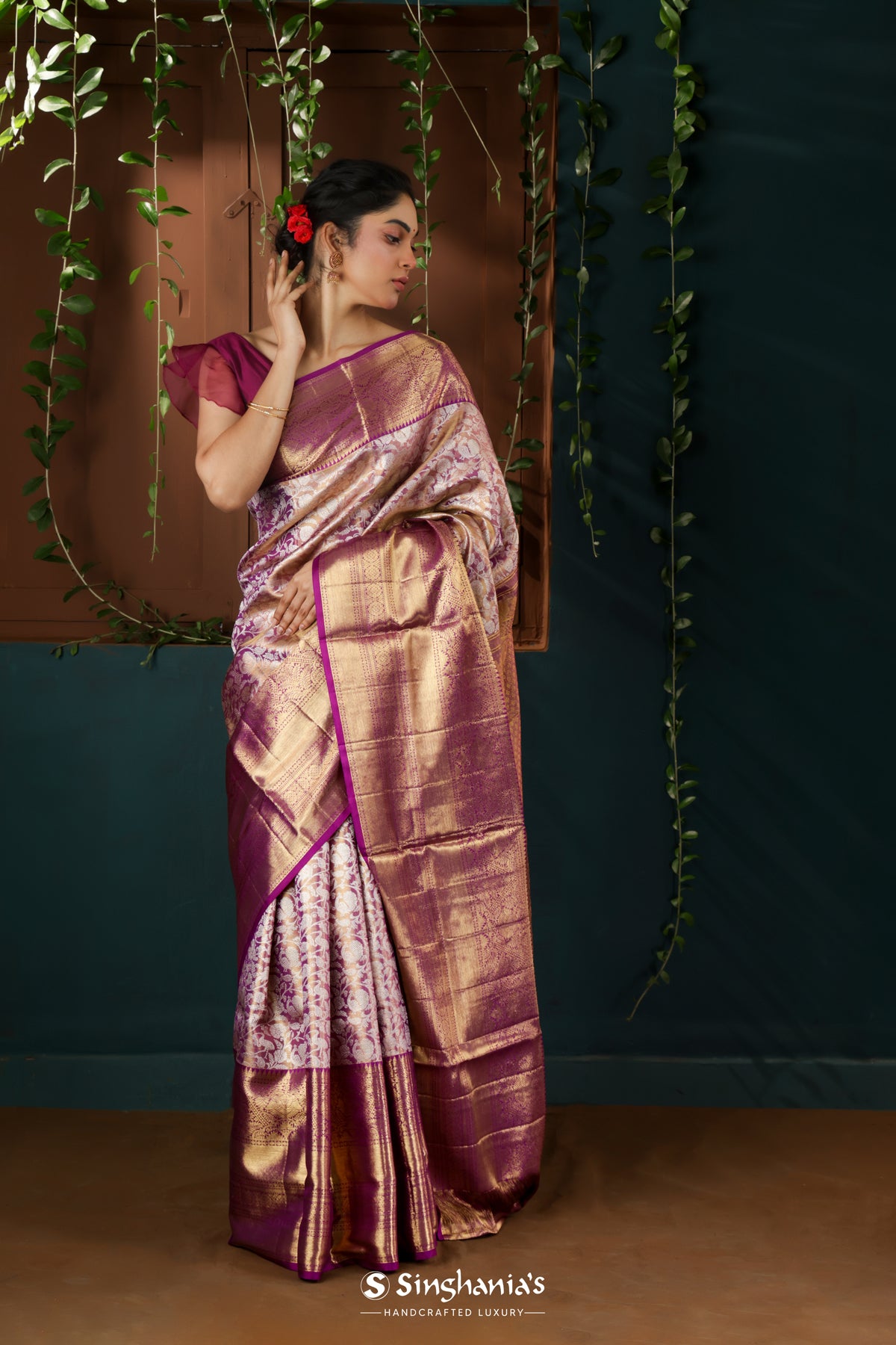 Eminence Purple Tissue Kanjivaram Saree With Floral Jaal Weaving