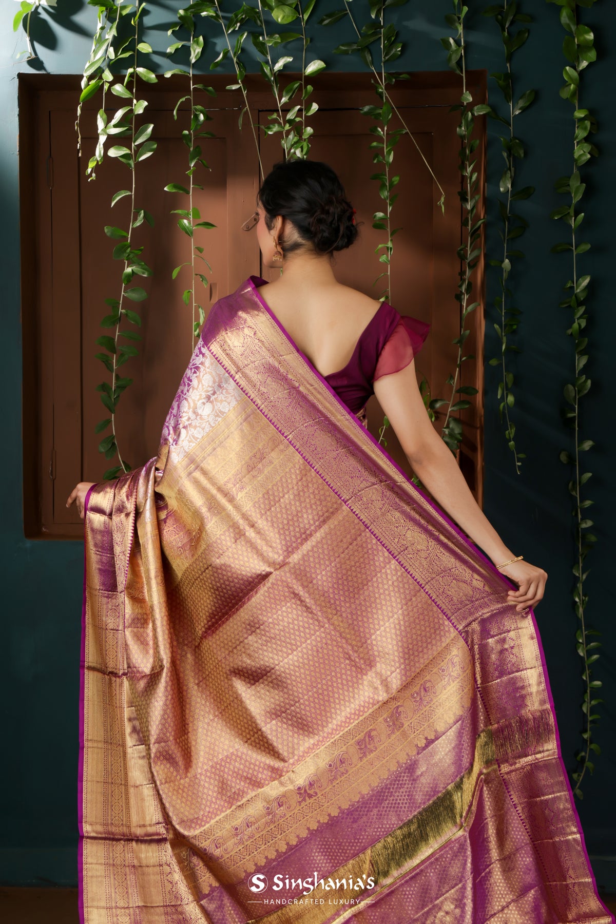 Eminence Purple Tissue Kanjivaram Saree With Floral Jaal Weaving