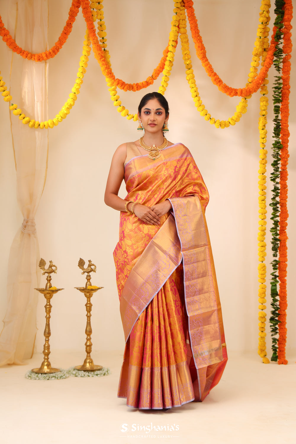 Rose Gold Tissue Kanjivaram Saree With Floral Paisley Weaving