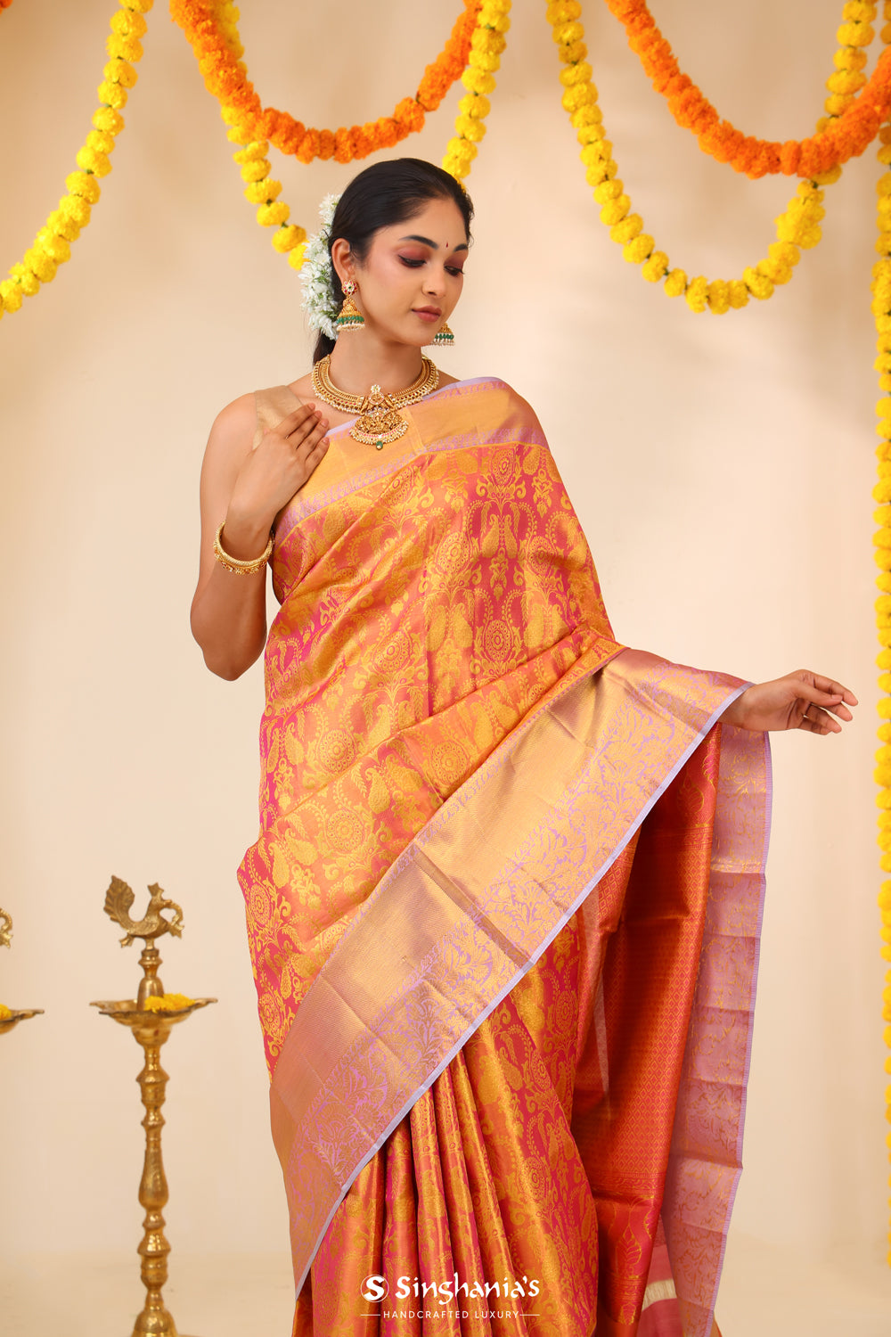 Rose Gold Tissue Kanjivaram Saree With Floral Paisley Weaving