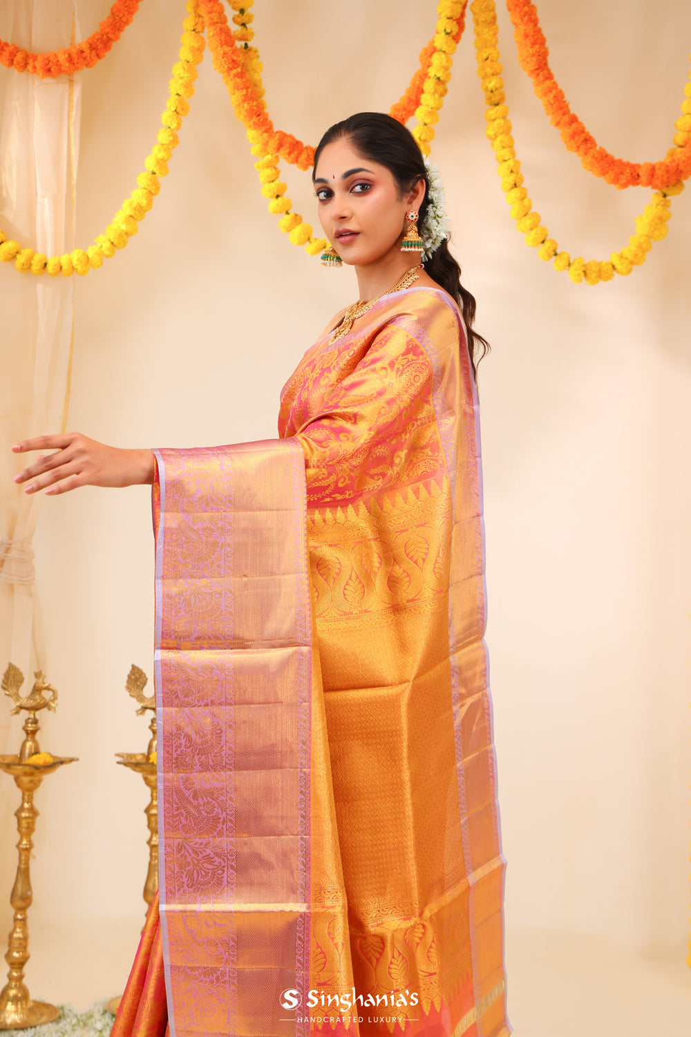 Rose Gold Tissue Kanjivaram Saree With Floral Paisley Weaving