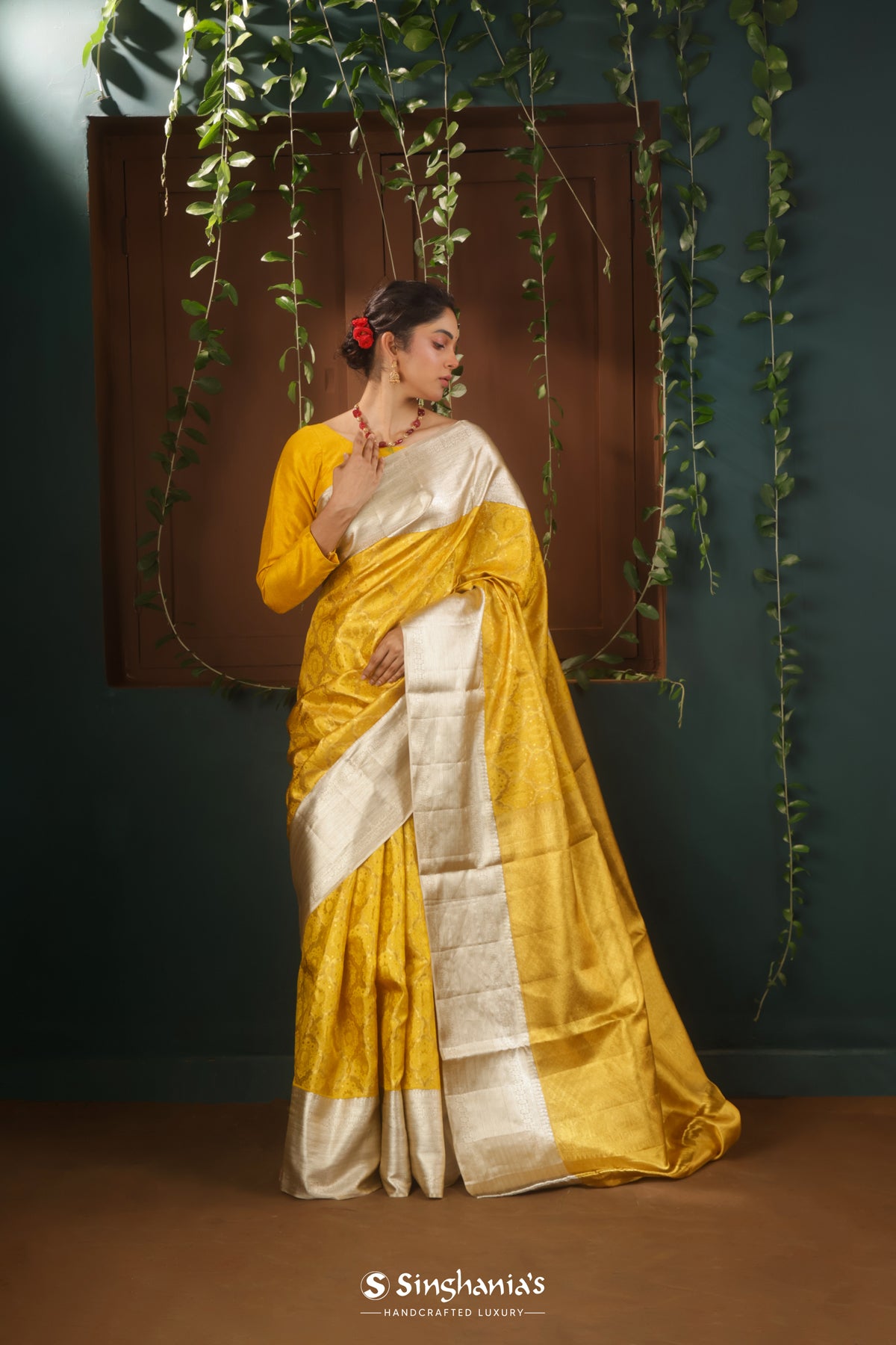 Gold Silver Tissue Saree With Floral Geometrical Pattern