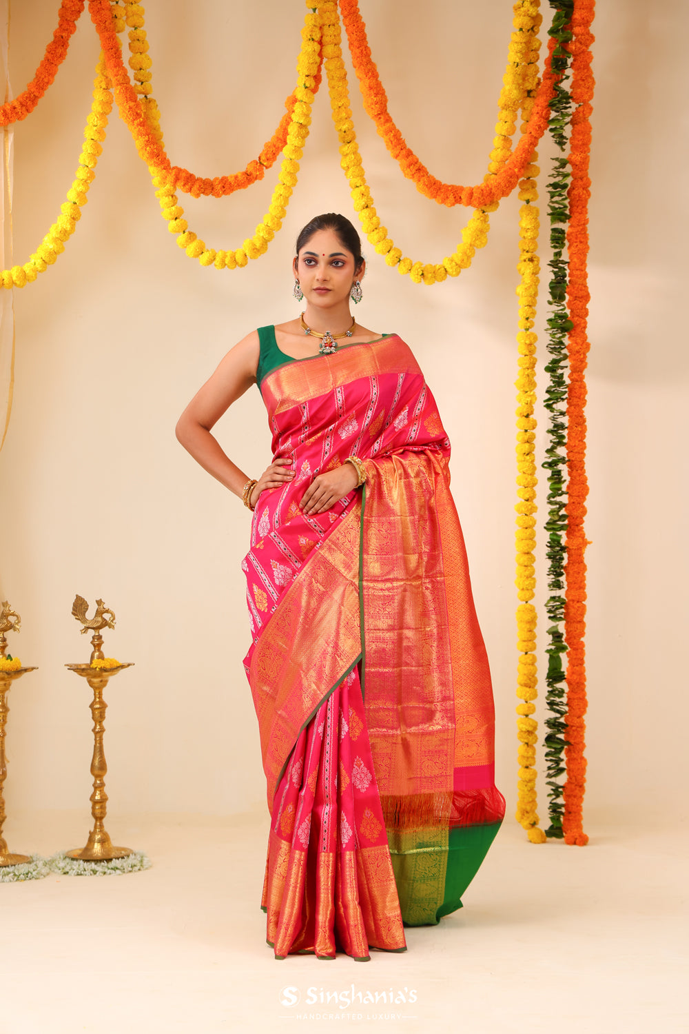 Deep Pink Kanjivaram Silk Saree With Floral Butta Weaving