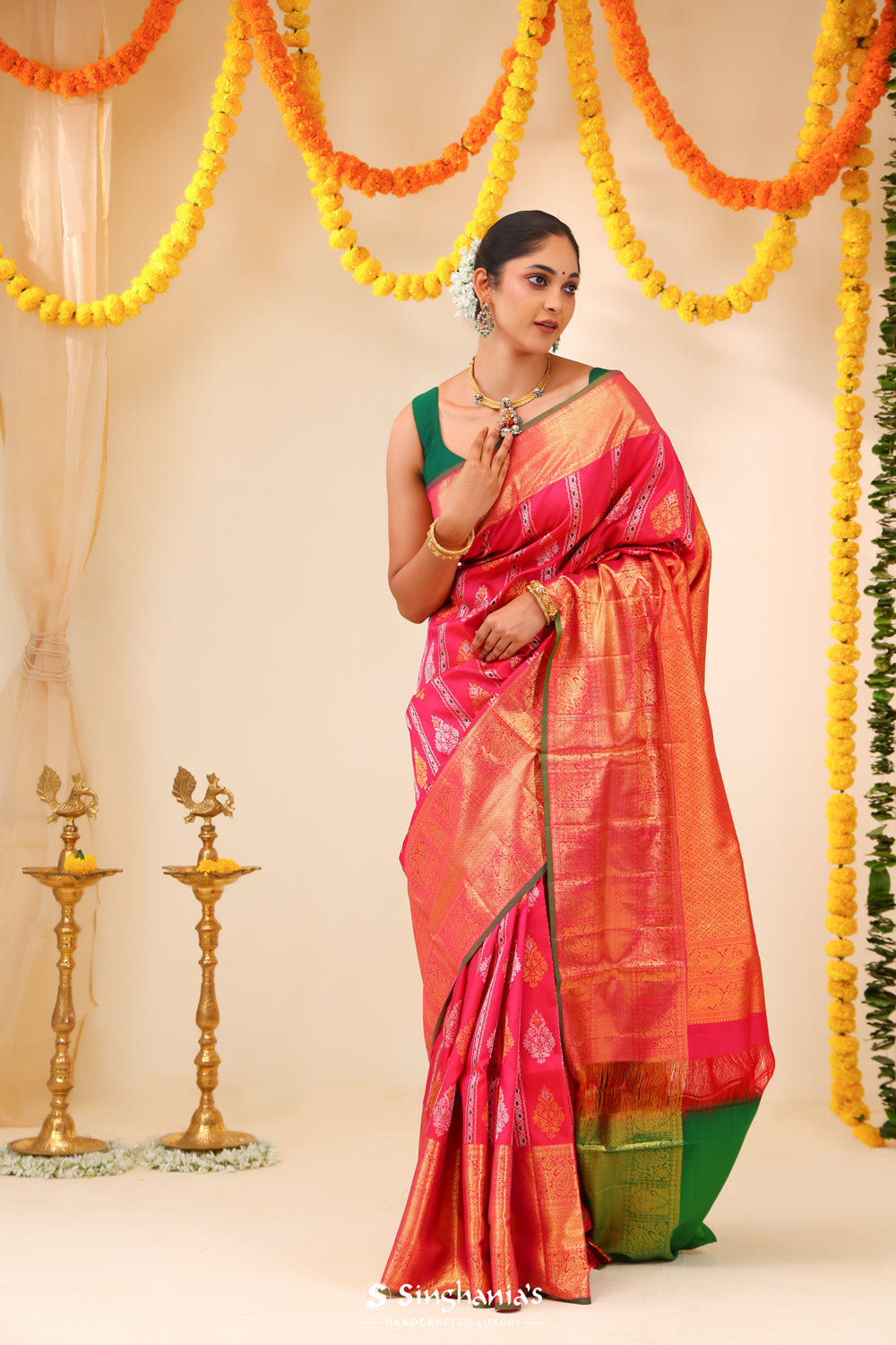 Deep Pink Kanjivaram Silk Saree With Floral Butta Weaving