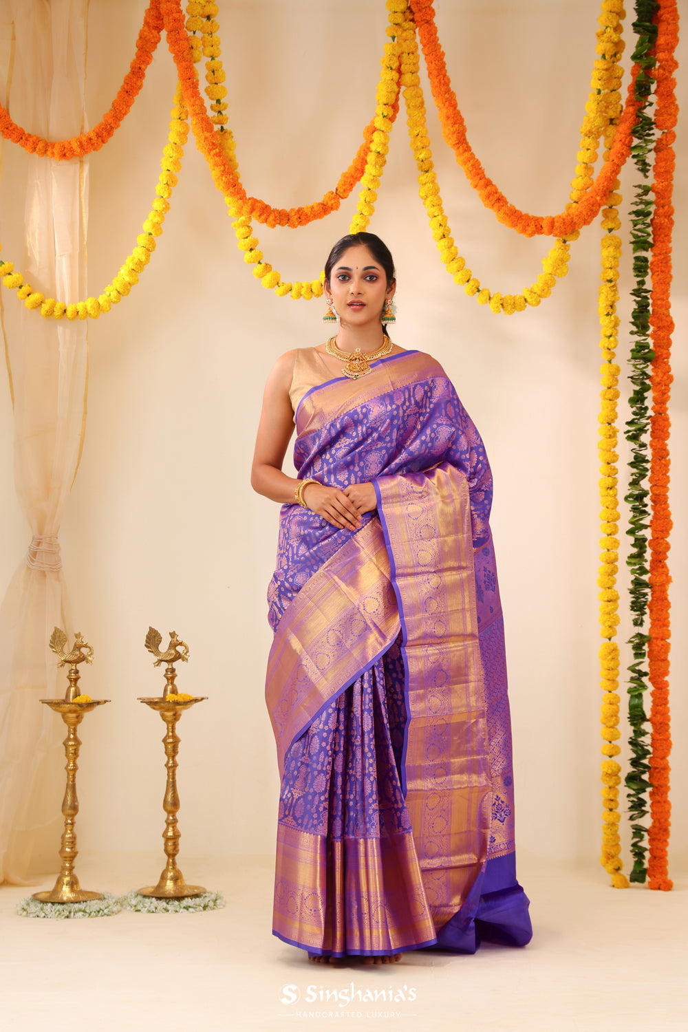 Medium Orchid Kanjivaram Silk Saree With Floral Butta Weaving